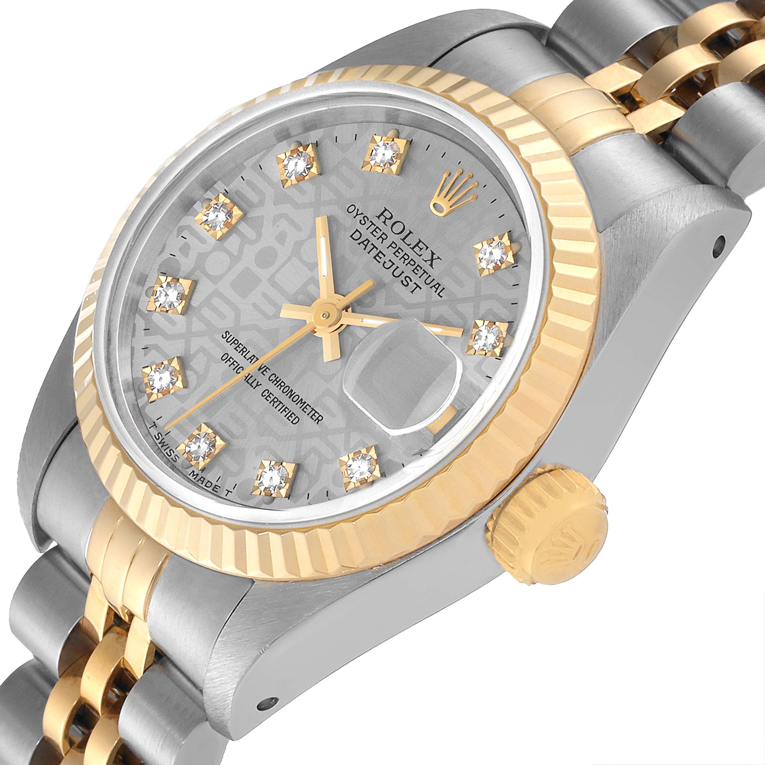 The image shows a close-up, angled view of the Rolex Datejust 69173 Women's Steel and Gold (two tone) Grey Dial 69173 Women's Steel and Gold (two tone) Grey Dial watch, highlighting the face, bezel, and part of the bracelet.