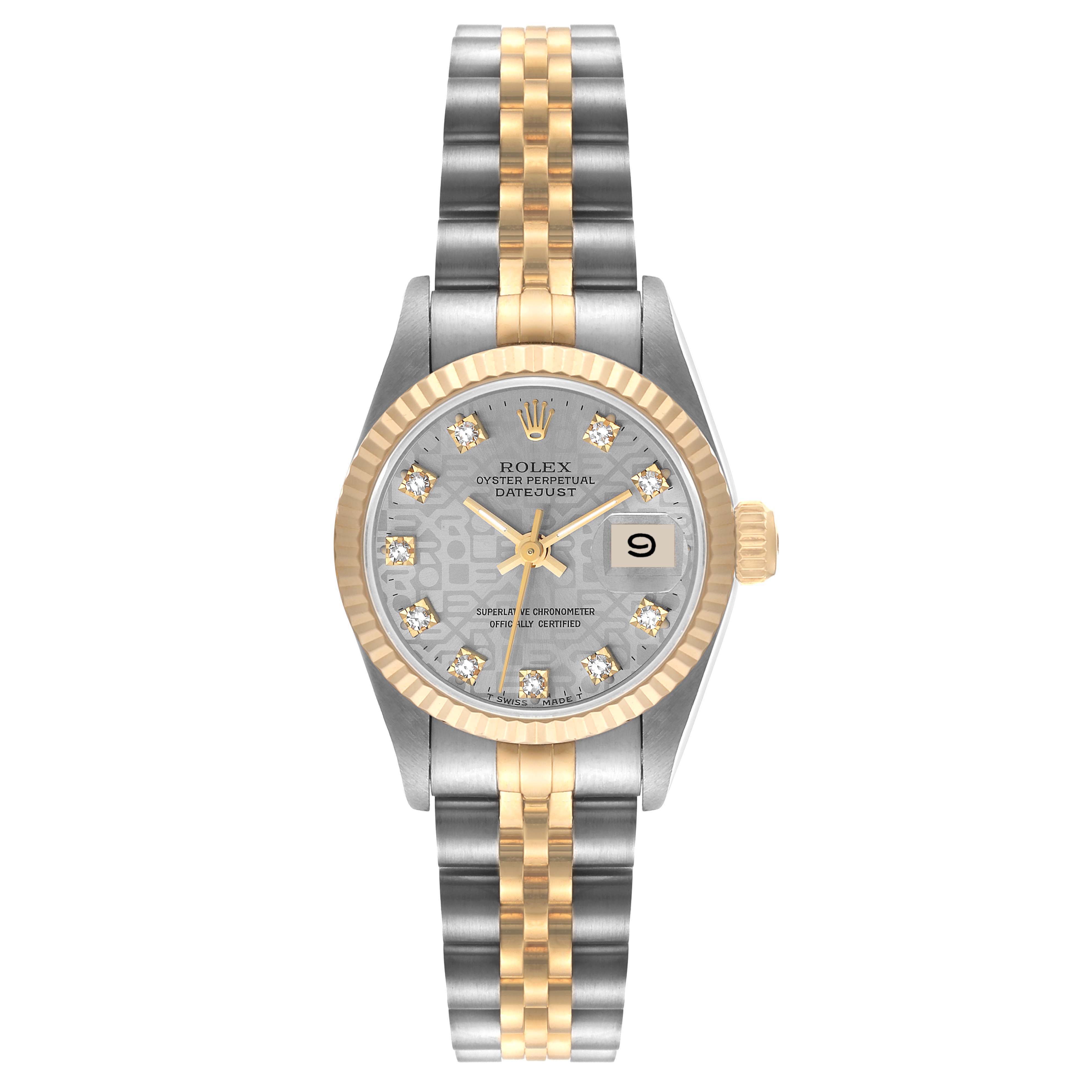 The image shows a Rolex Datejust 69173 Women's Steel and Gold (two tone) Grey Dial 69173 Women's Steel and Gold (two tone) Grey Dial watch with a two-tone bracelet, fluted bezel, and a diamond hour marker dial viewed from the front.