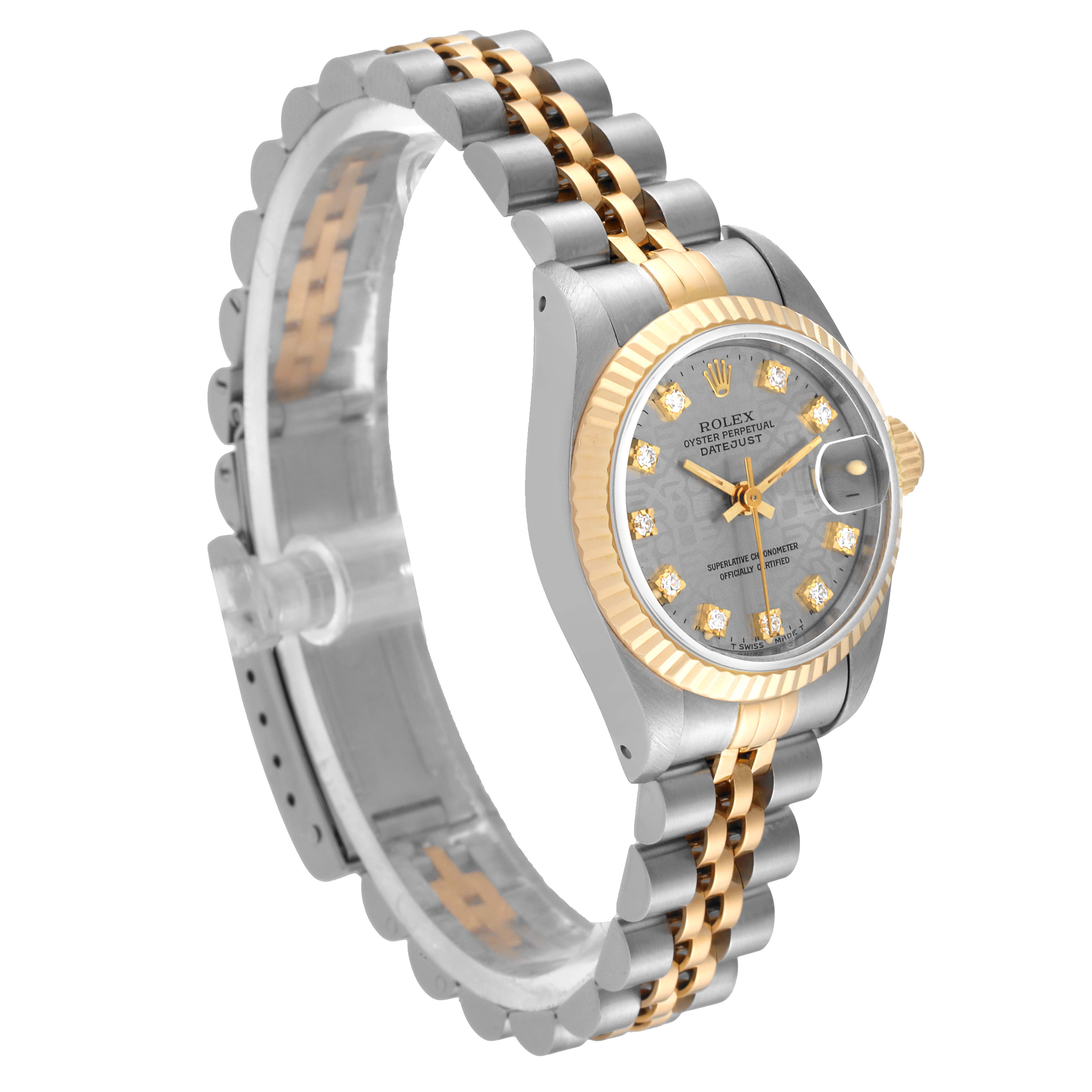 This shows the side and front of a Rolex Datejust 69173 Women's Steel and Gold (two tone) Grey Dial 69173 Women's Steel and Gold (two tone) Grey Dial watch with a two-tone metal band and diamond hour markers.