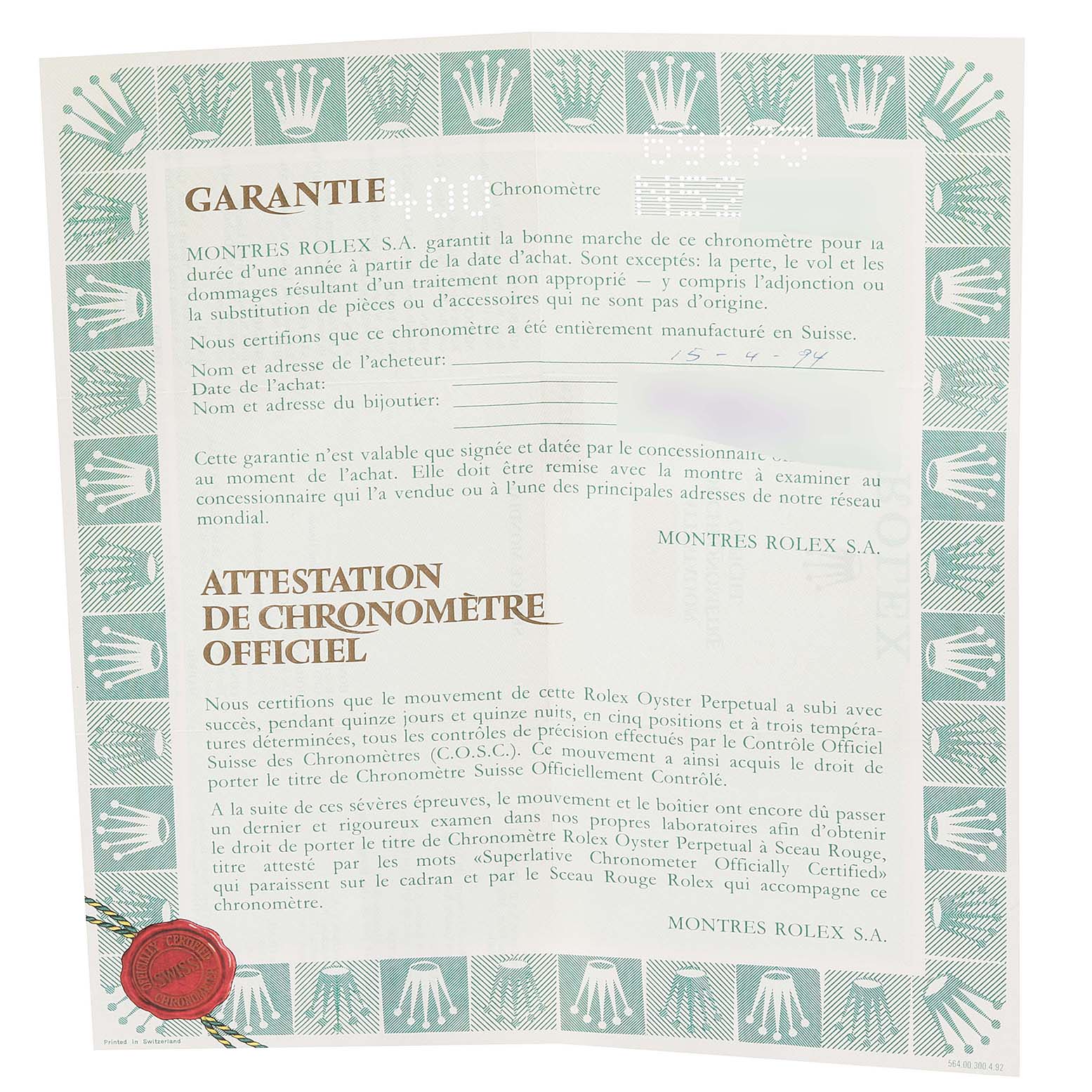 The image shows a warranty and chronometer certification document for the Rolex Datejust 69173 Women's Steel and Gold (two tone) Grey Dial 69173 Women's Steel and Gold (two tone) Grey Dial model.