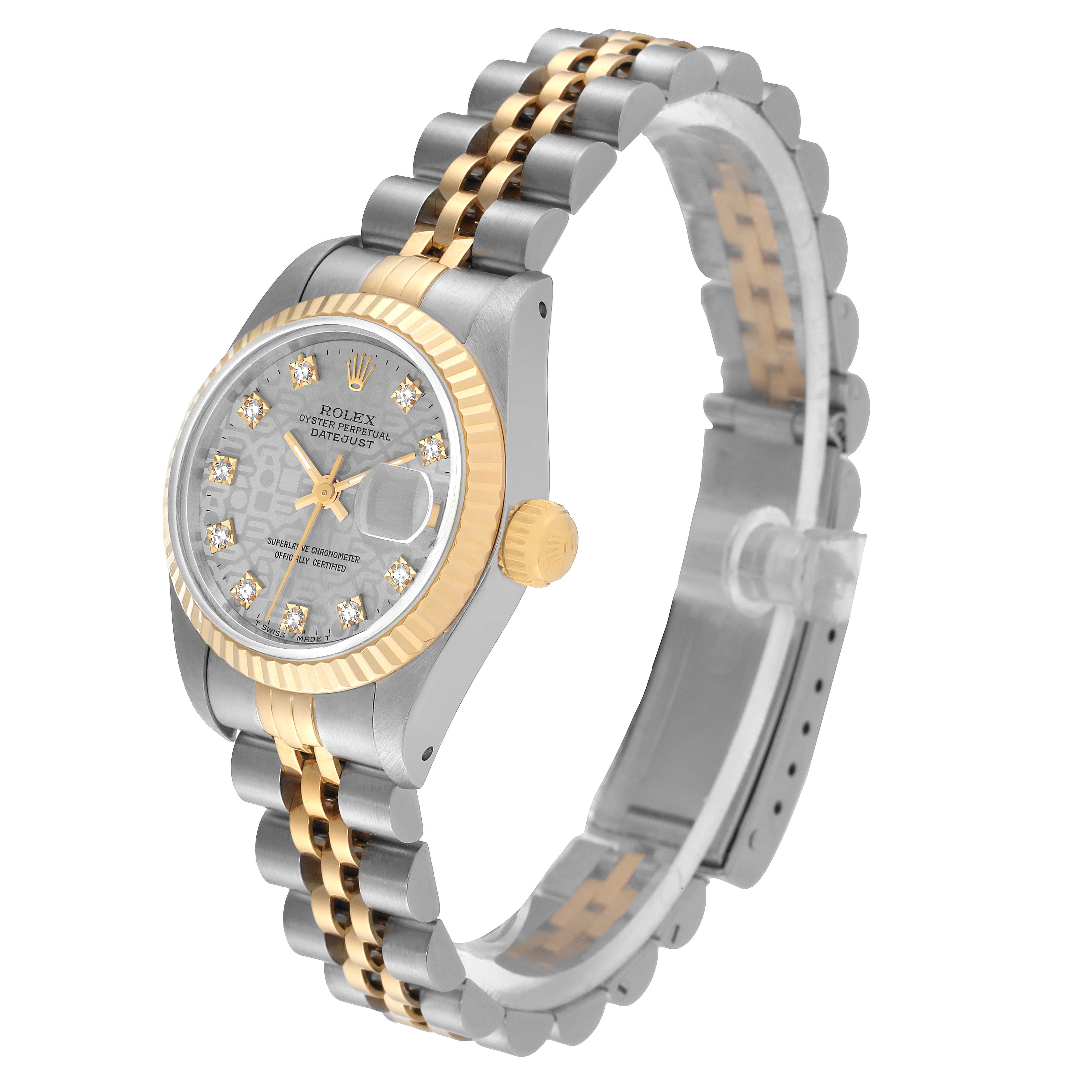 This Rolex Datejust 69173 Women's Steel and Gold (two tone) Grey Dial 69173 Women's Steel and Gold (two tone) Grey Dial watch is shown from a three-quarter angle, highlighting the dial, bracelet, crown, and fluted bezel.