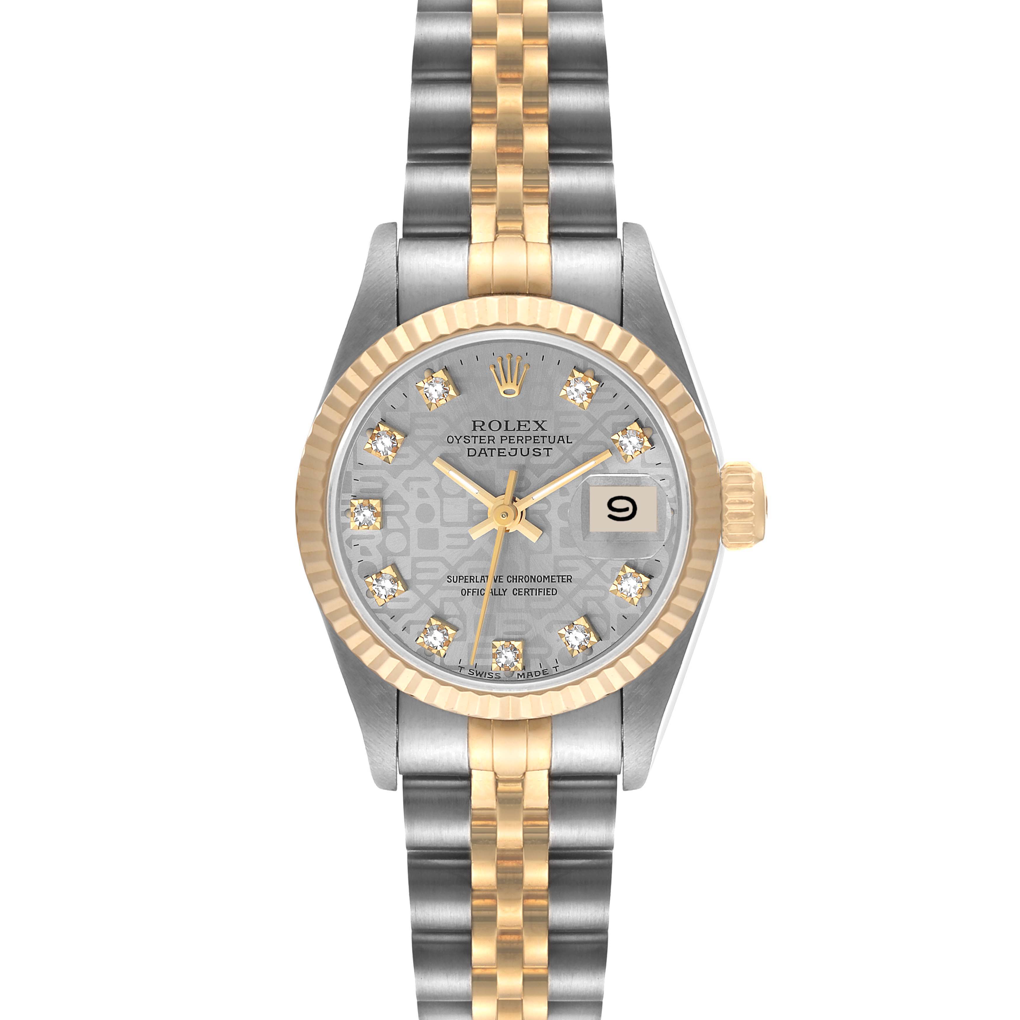 This is a front view of a Rolex Datejust 69173 Women's Steel and Gold (two tone) Grey Dial 69173 Women's Steel and Gold (two tone) Grey Dial watch, displaying its dial, bracelet, bezel, and date window.