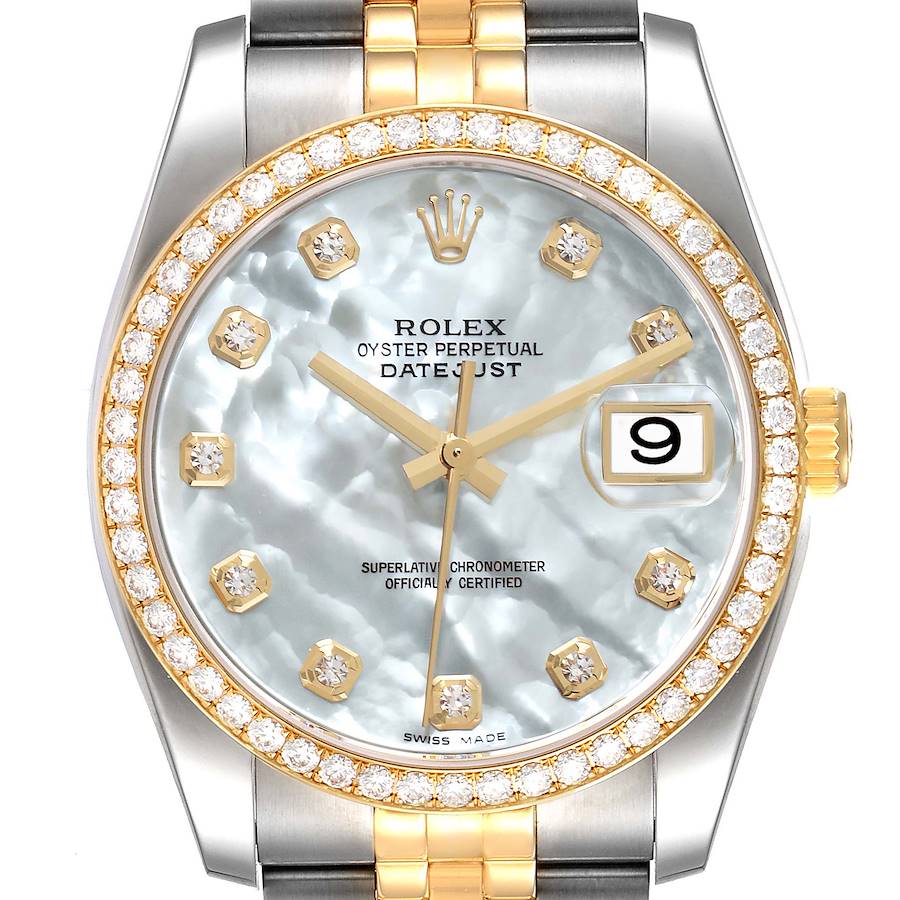 Rolex Datejust Steel Yellow Gold Diamond Mens Watch 116243 ADD MOTHER OF PEARL DIAL SwissWatchExpo