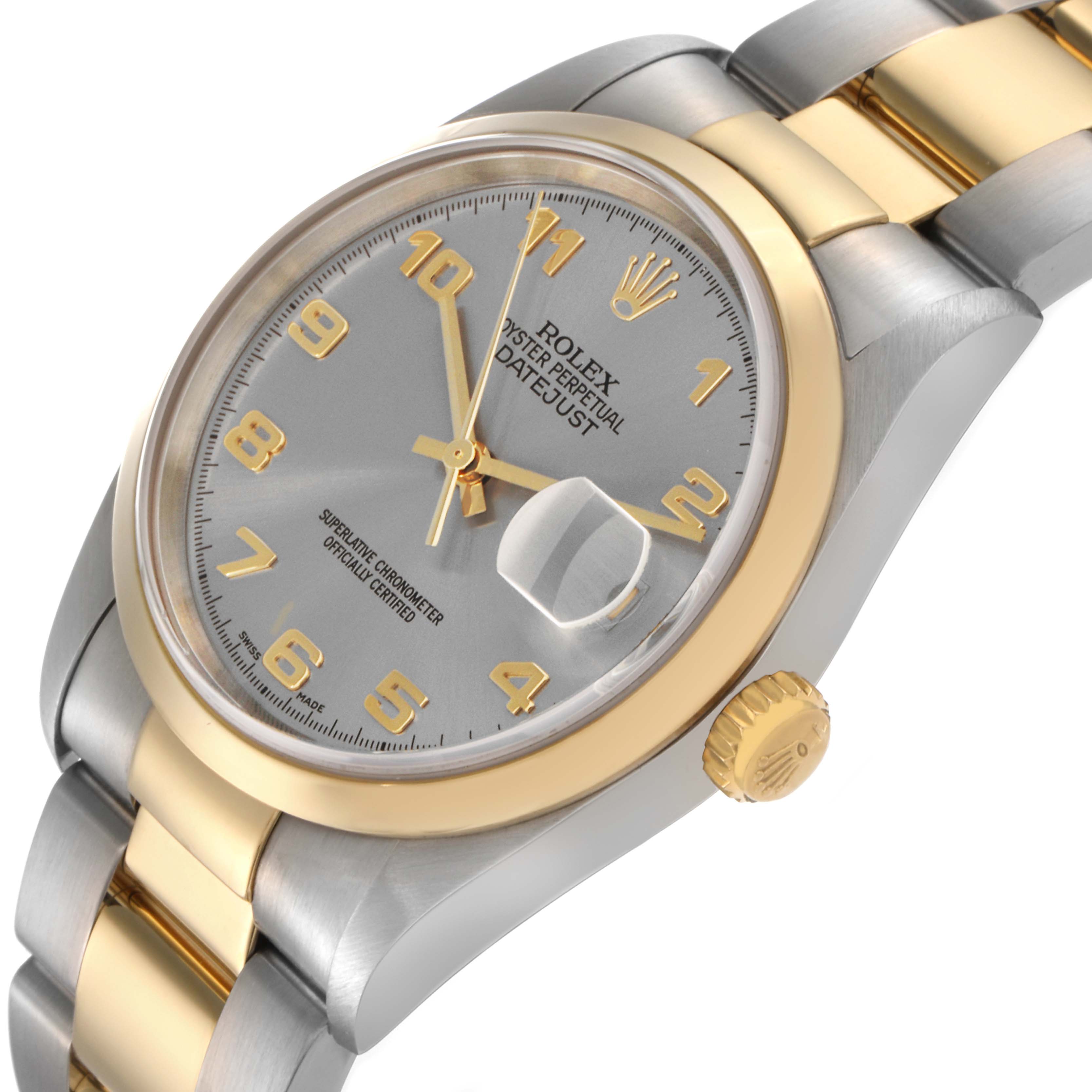 The Rolex Datejust 16203 Men's Steel and Gold (two tone) Grey Dial 16203 Men's Steel and Gold (two tone) Grey Dial is shown at an angled side view, highlighting the case, bezel, dial, and part of the bracelet.
