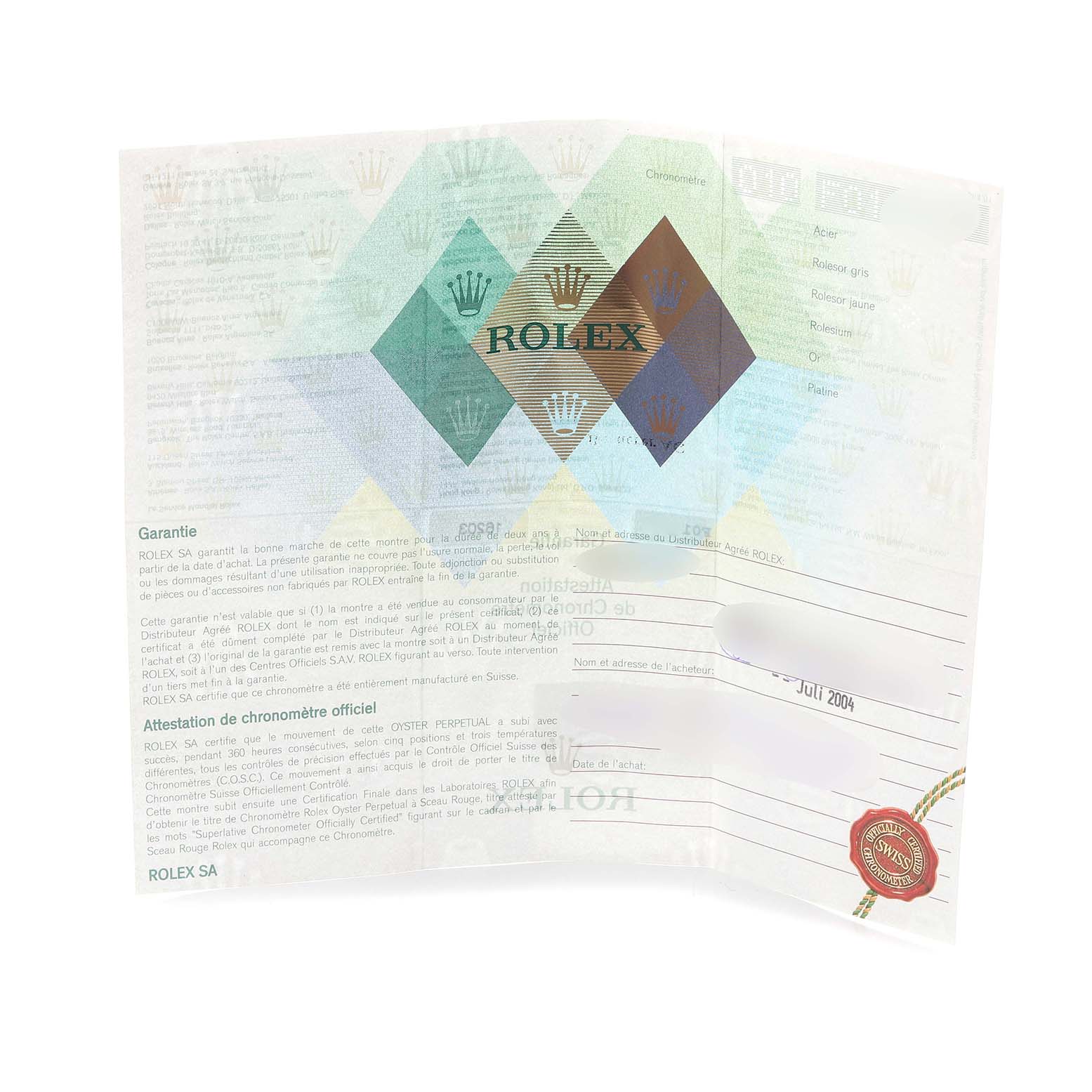 The image shows a Rolex Datejust 16203 Men's Steel and Gold (two tone) Grey Dial 16203 Men's Steel and Gold (two tone) Grey Dial warranty card, displaying the brand logo and text.