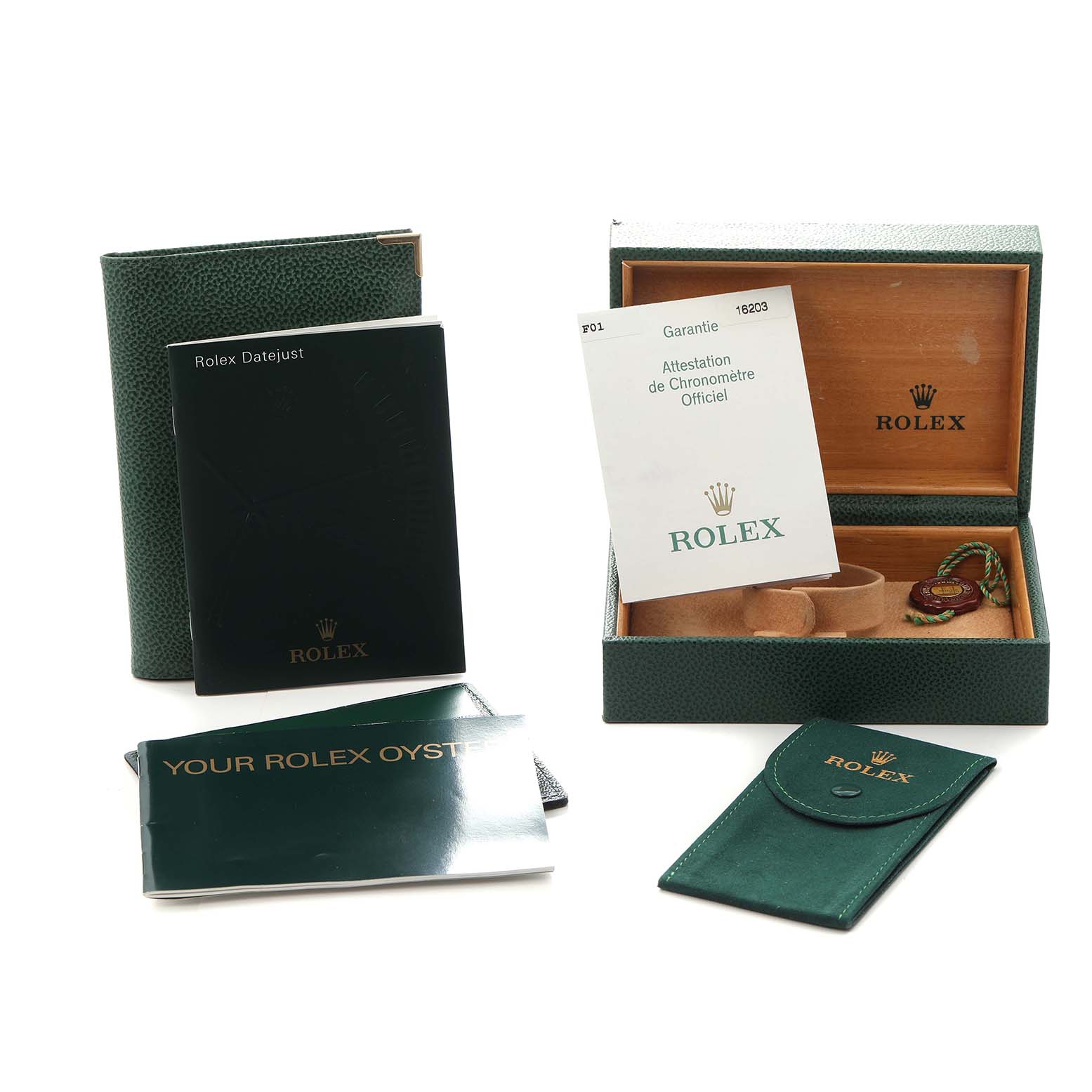 The image shows a Rolex Datejust 16203 Men's Steel and Gold (two tone) Grey Dial 16203 Men's Steel and Gold (two tone) Grey Dial box, booklets, warranty card, and a tag from a front angle.