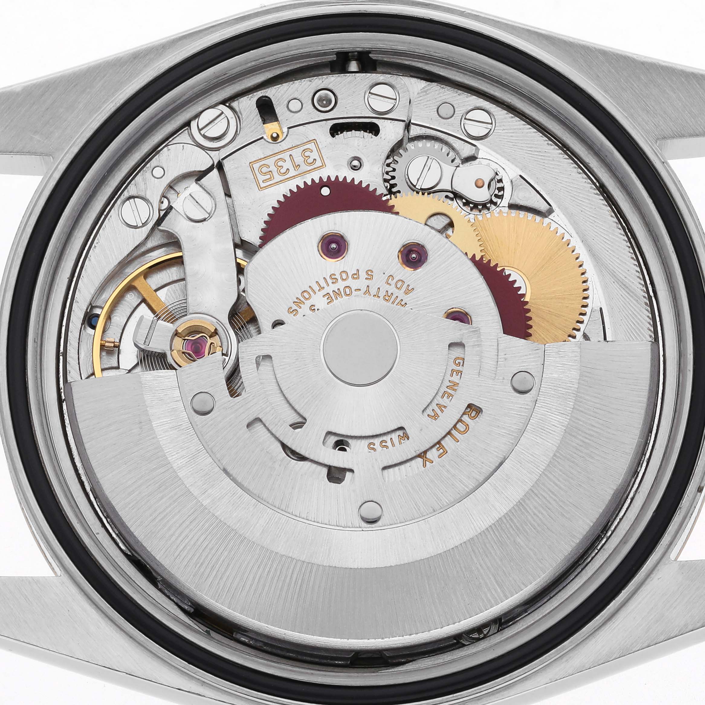 The image shows the internal mechanical movement of a Rolex Datejust 16203 Men's Steel and Gold (two tone) Grey Dial 16203 Men's Steel and Gold (two tone) Grey Dial watch from a rear angle.