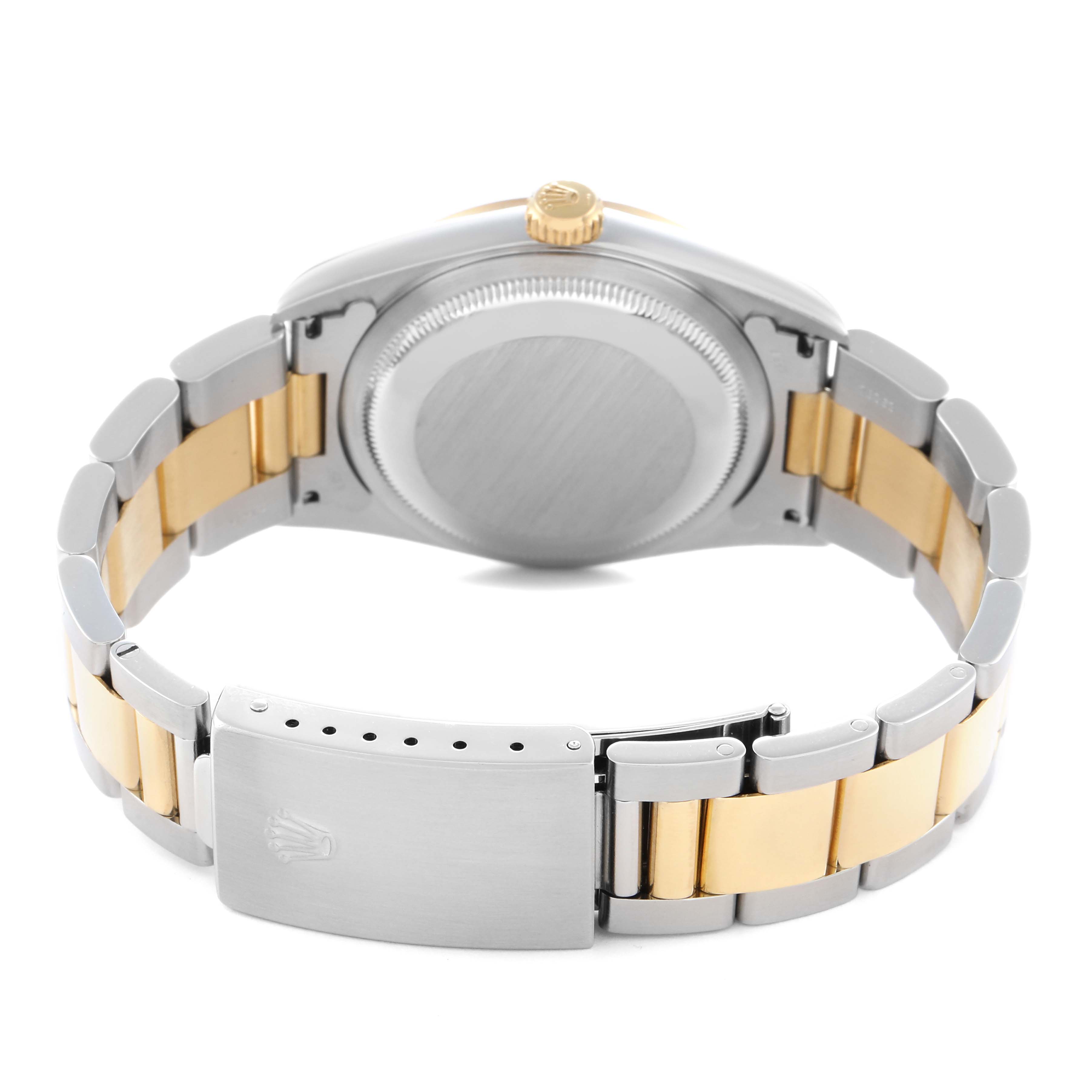 The image shows the back of the Rolex Datejust 16203 Men's Steel and Gold (two tone) Grey Dial 16203 Men's Steel and Gold (two tone) Grey Dial watch, highlighting the case back, crown, and two-tone bracelet.