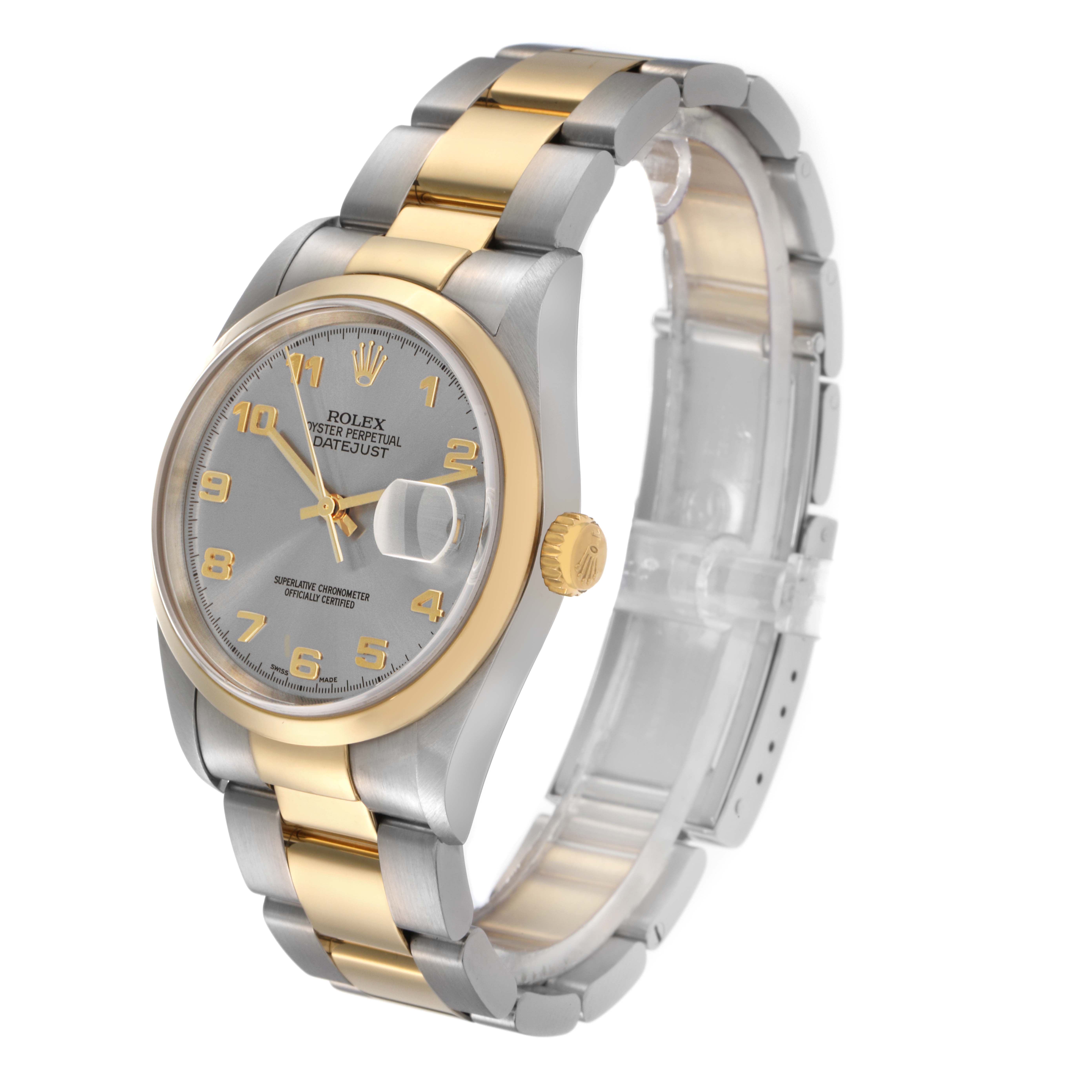 The Rolex Datejust 16203 Men's Steel and Gold (two tone) Grey Dial 16203 Men's Steel and Gold (two tone) Grey Dial watch is shown at a three-quarter angle, displaying the dial, bezel, bracelet, and crown.