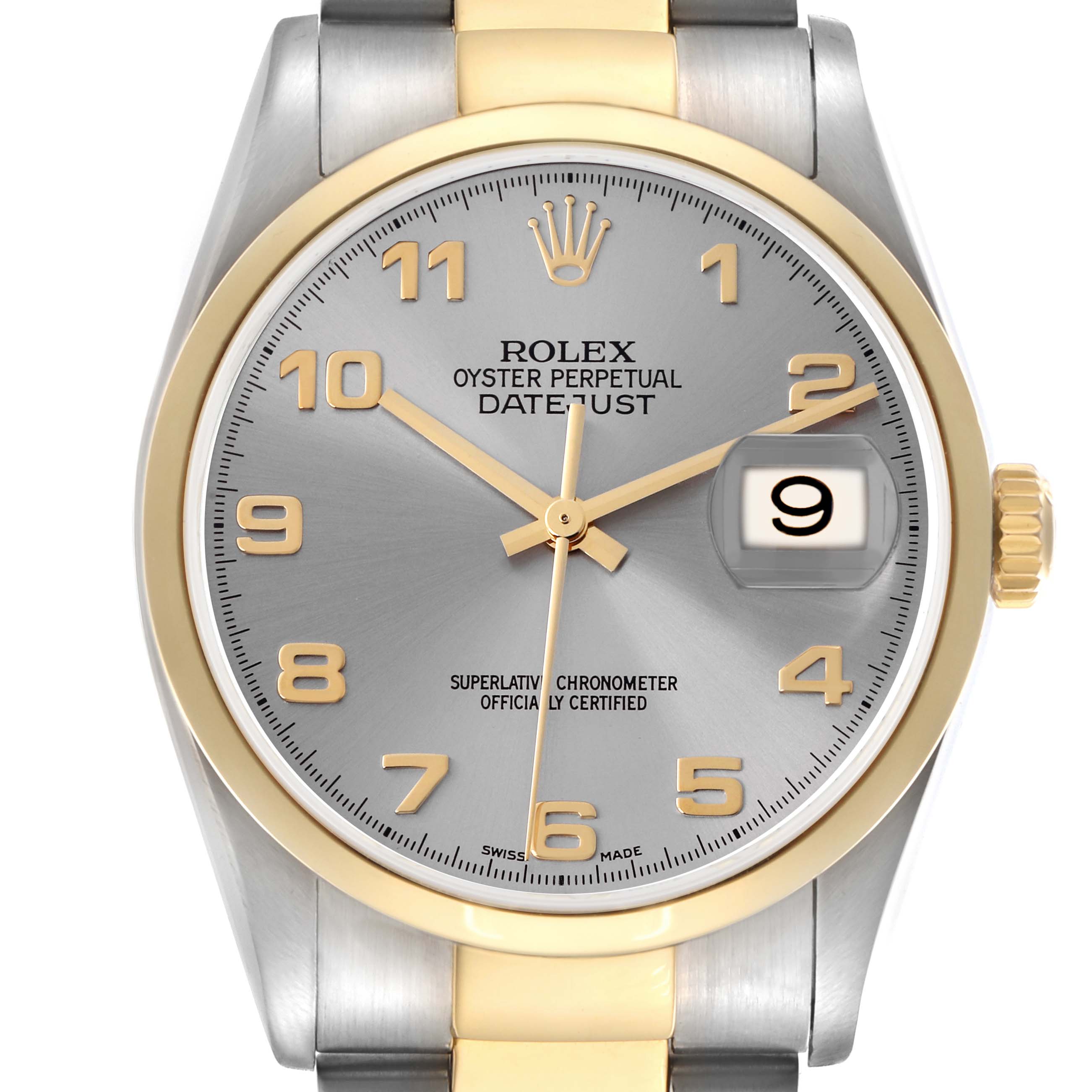 The Rolex Datejust 16203 Men's Steel and Gold (two tone) Grey Dial 16203 Men's Steel and Gold (two tone) Grey Dial watch is shown from a front view, highlighting its dial, bezel, and bracelet.