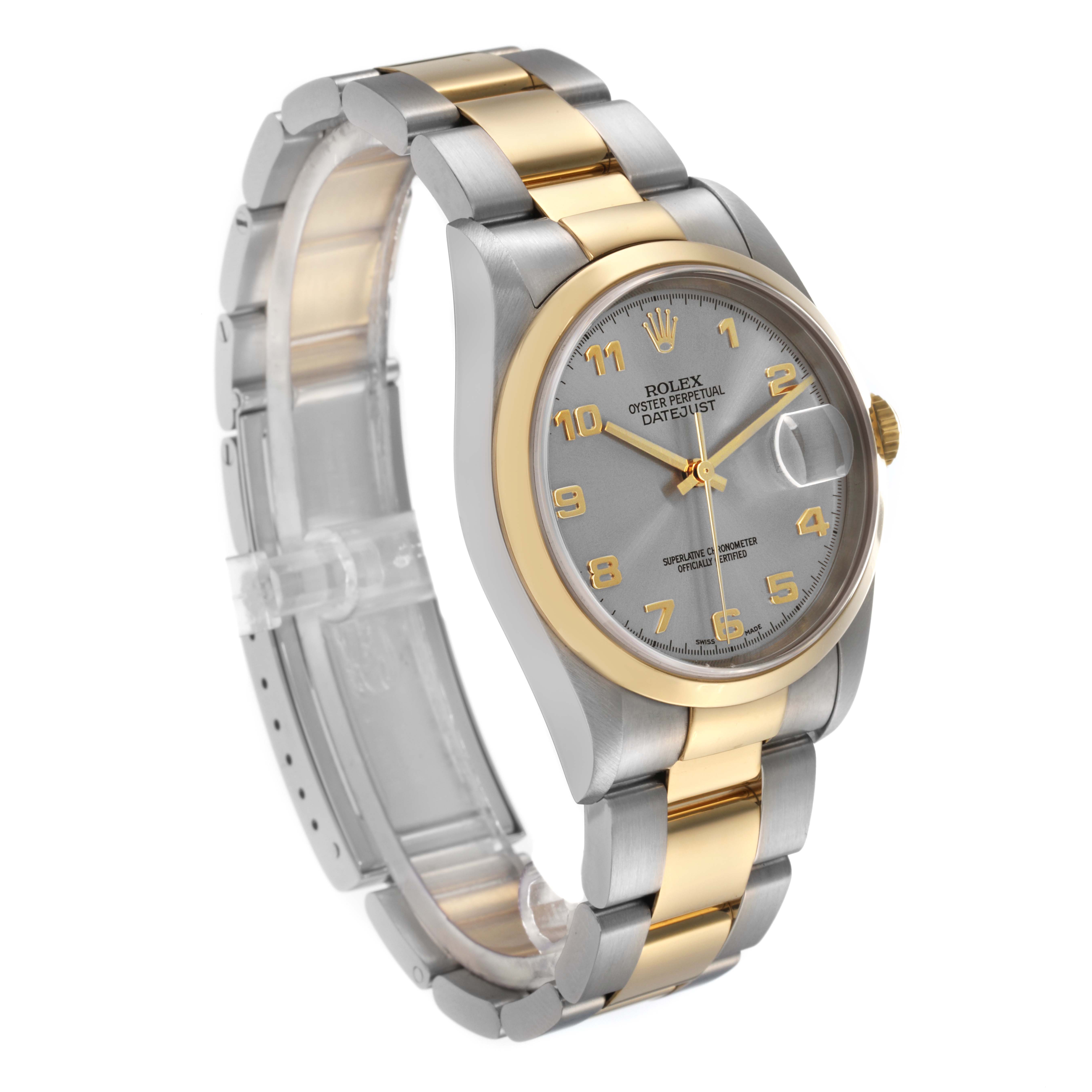 The Rolex Datejust 16203 Men's Steel and Gold (two tone) Grey Dial 16203 Men's Steel and Gold (two tone) Grey Dial watch is shown at a three-quarter angle, highlighting the two-tone bracelet and silver dial.