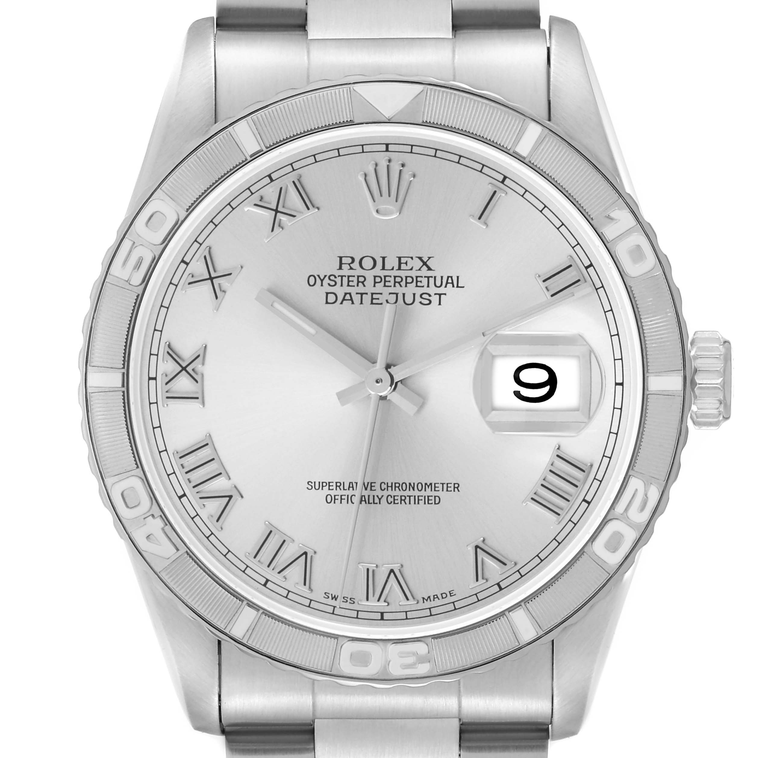 The image shows a Rolex Turn-o-Graph 16264 Men's Stainless Steel Silver Dial 16264 Men's Stainless Steel Silver Dial watch from a front angle, highlighting the bezel, dial, and bracelet.
