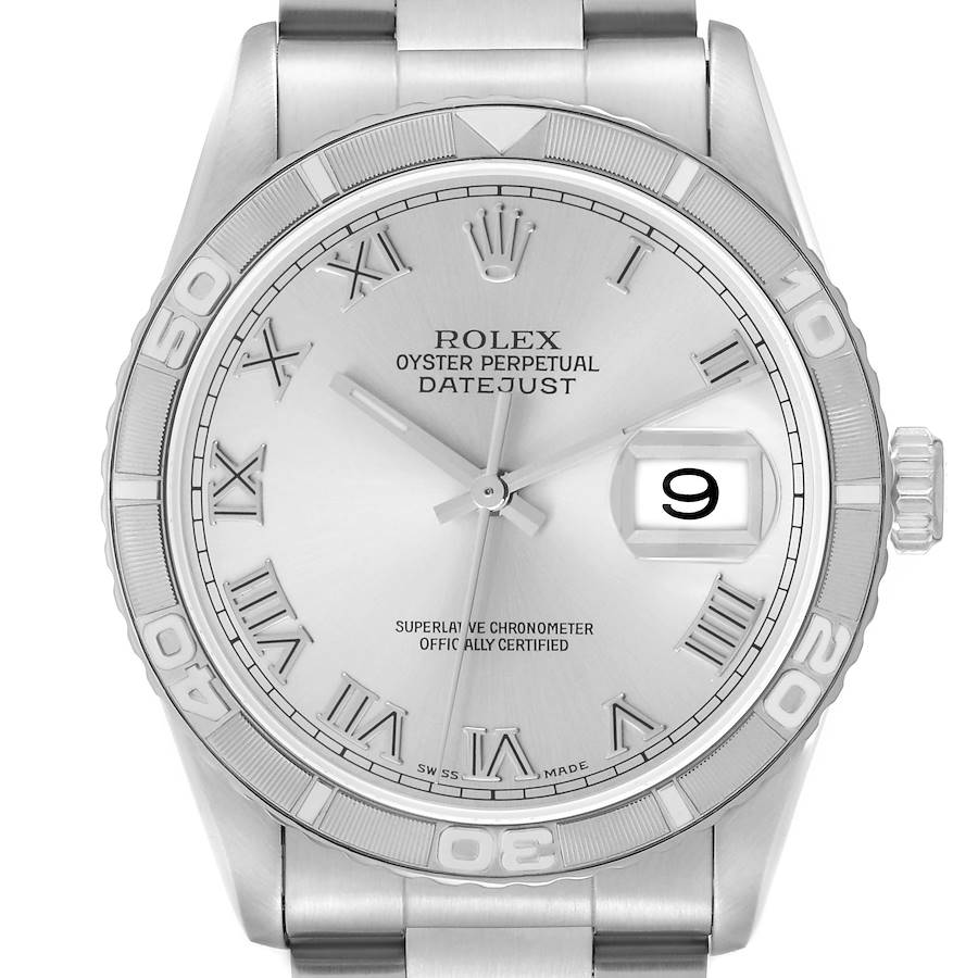 The image shows a Rolex Turn-o-Graph watch from a front angle, highlighting the bezel, dial, and bracelet.