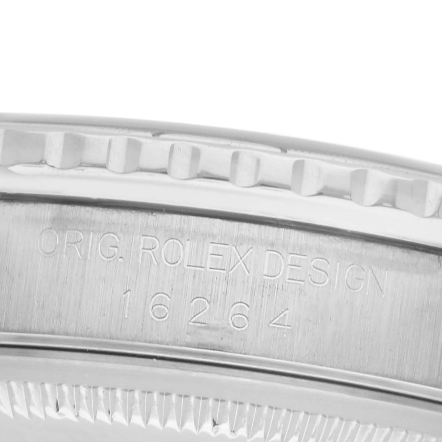 The image shows a close-up of the side of a Rolex Turn-o-Graph 16264 Men's Stainless Steel Silver Dial 16264 Men's Stainless Steel Silver Dial, highlighting the engraved design and model number.
