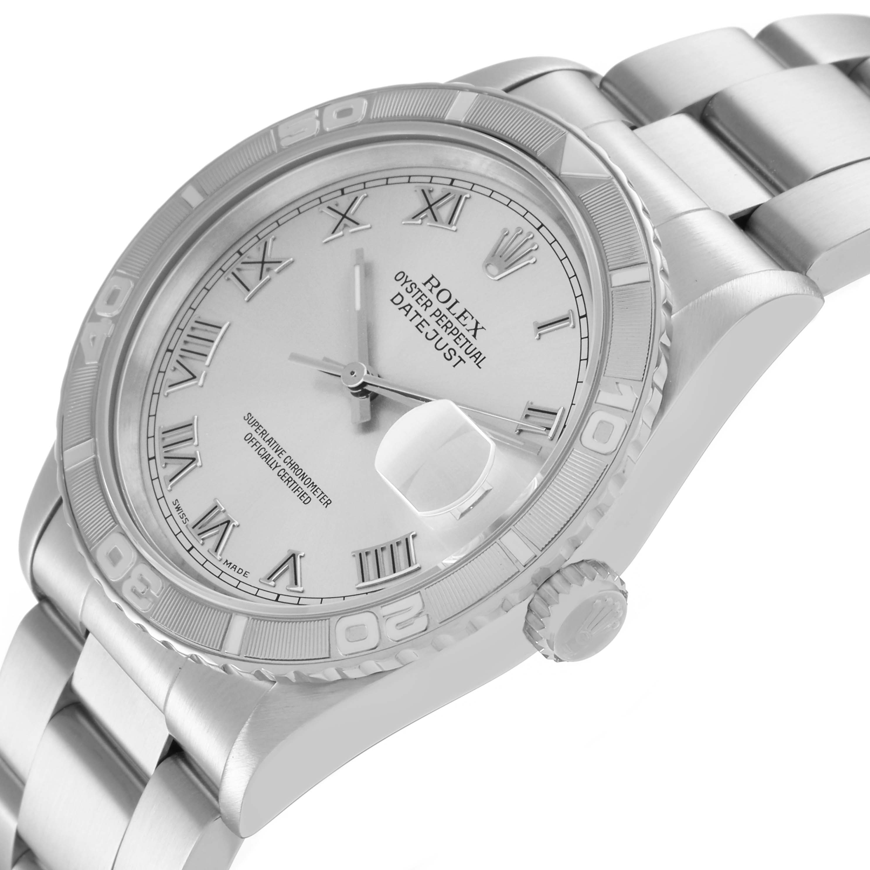 The Rolex Turn-o-Graph 16264 Men's Stainless Steel Silver Dial 16264 Men's Stainless Steel Silver Dial is shown at an oblique angle, highlighting its bezel, crown, dial, and part of the bracelet.