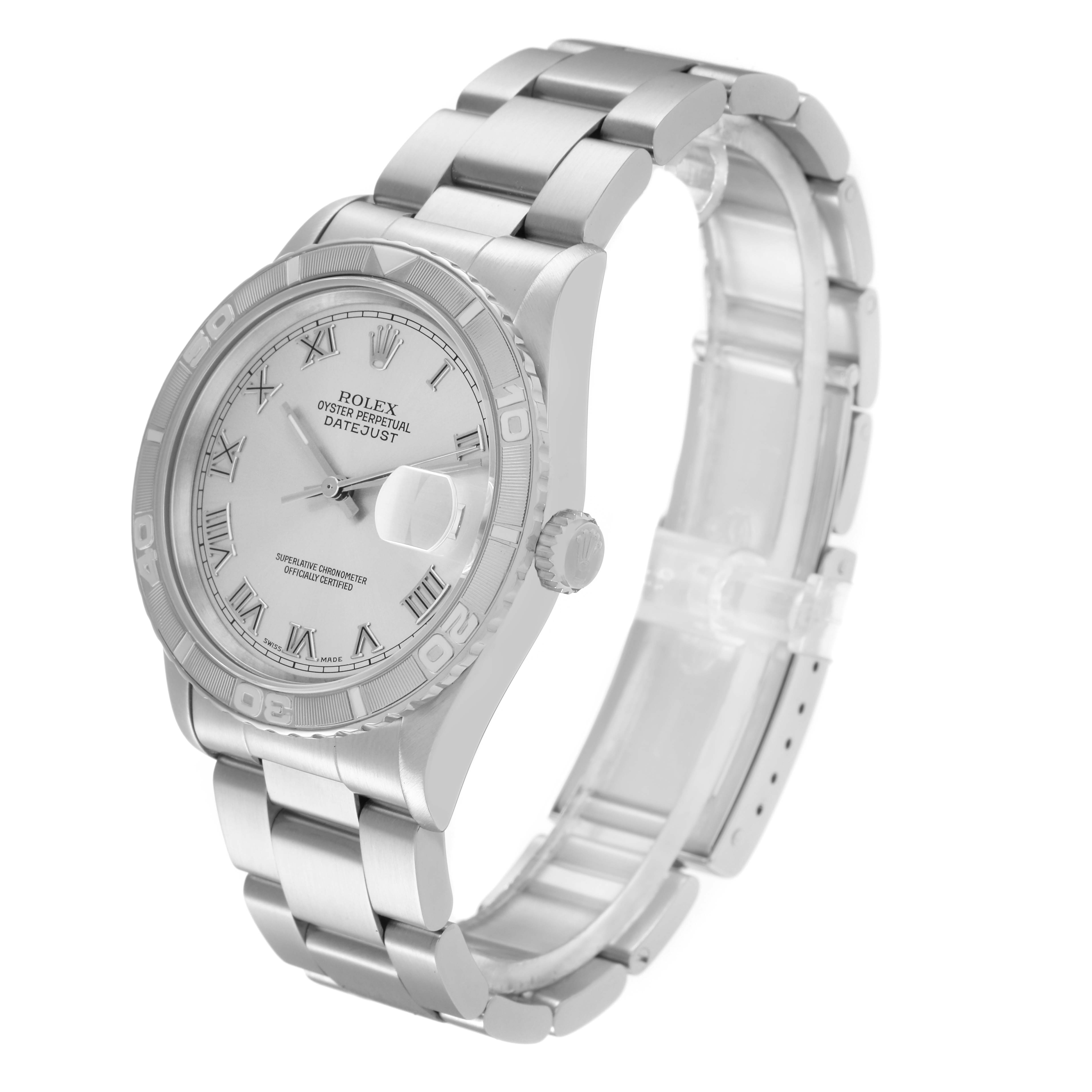 The image shows a Rolex Turn-o-Graph 16264 Men's Stainless Steel Silver Dial 16264 Men's Stainless Steel Silver Dial watch at an angled side view, displaying the dial, bezel, and part of the bracelet.