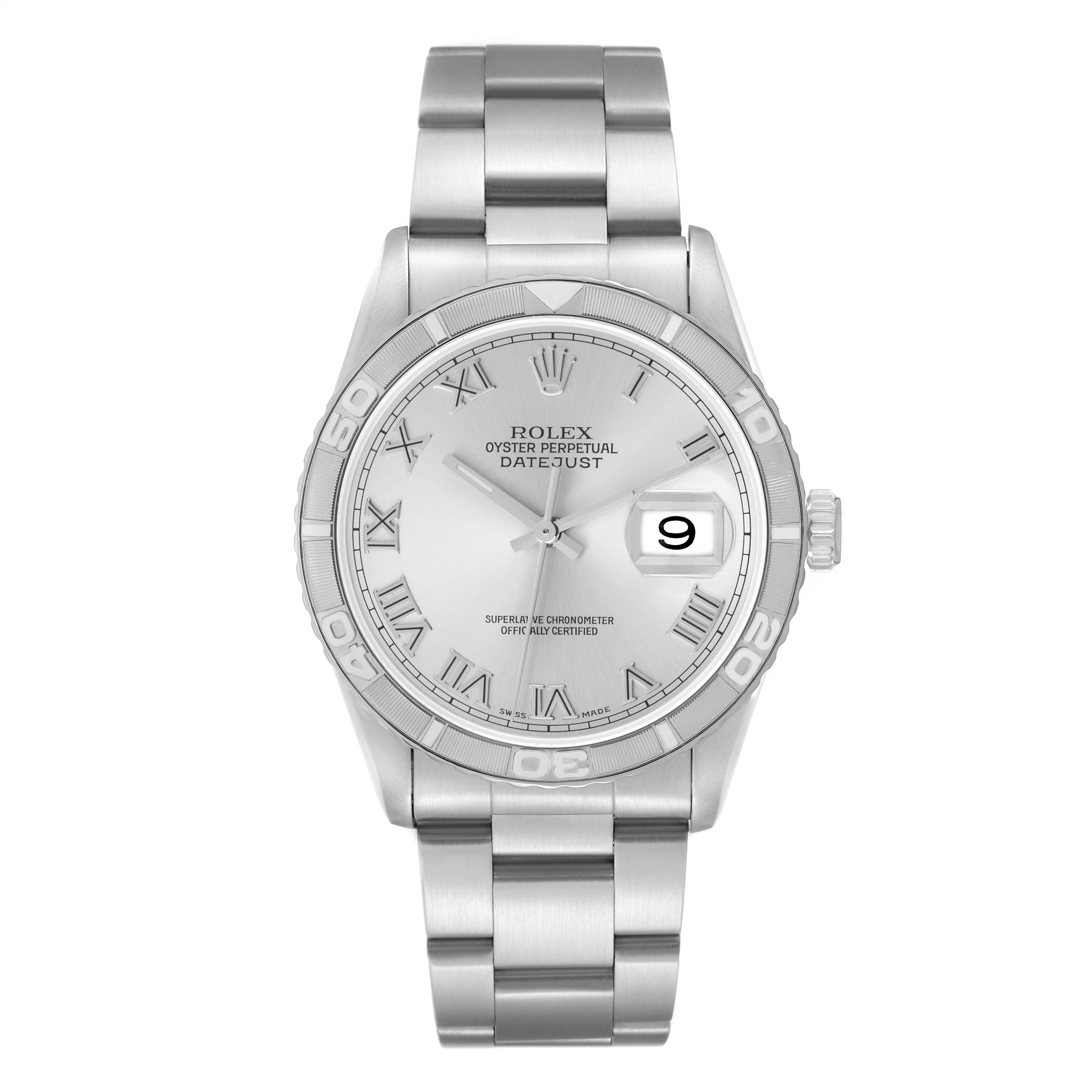 The Rolex Turn-o-Graph 16264 Men's Stainless Steel Silver Dial 16264 Men's Stainless Steel Silver Dial watch is shown from a front view, highlighting the dial, bezel, bracelet, and crown.