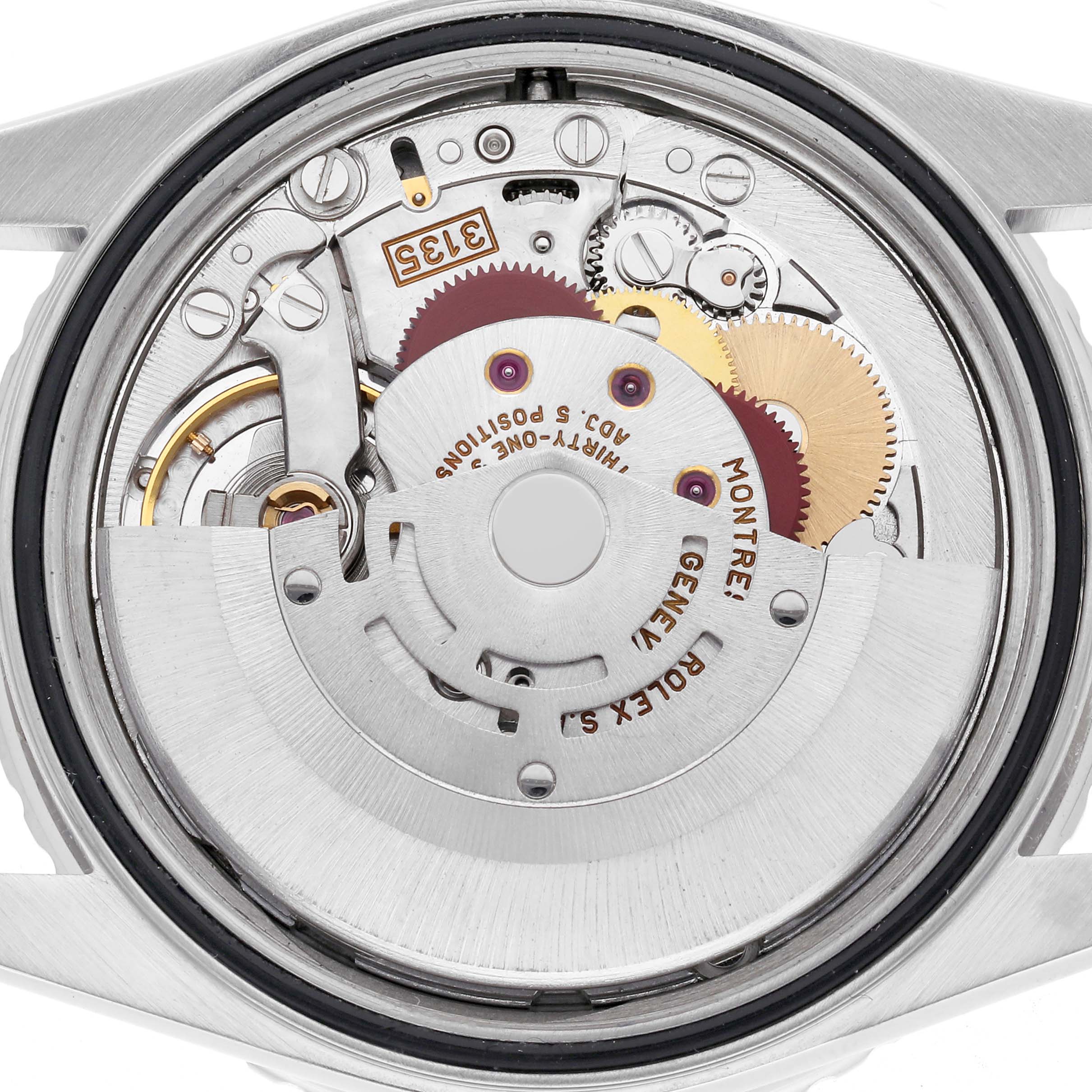 The image shows the movement of a Rolex Turn-o-Graph 16264 Men's Stainless Steel Silver Dial 16264 Men's Stainless Steel Silver Dial watch from a back view, highlighting gears and components.