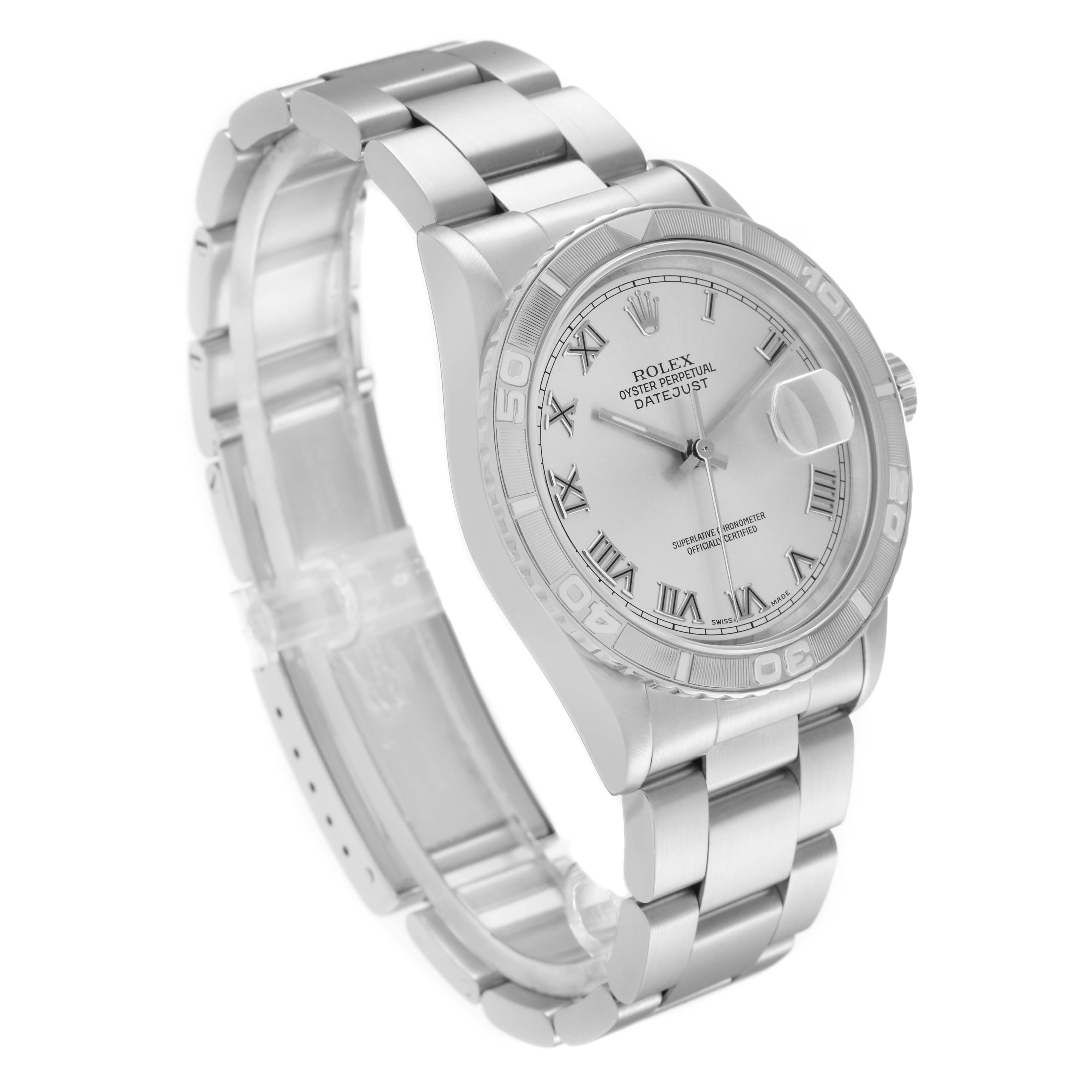 The watch is shown at a three-quarter angle, displaying the dial, bezel, bracelet, and crown of the Rolex Turn-o-Graph 16264 Men's Stainless Steel Silver Dial 16264 Men's Stainless Steel Silver Dial model.