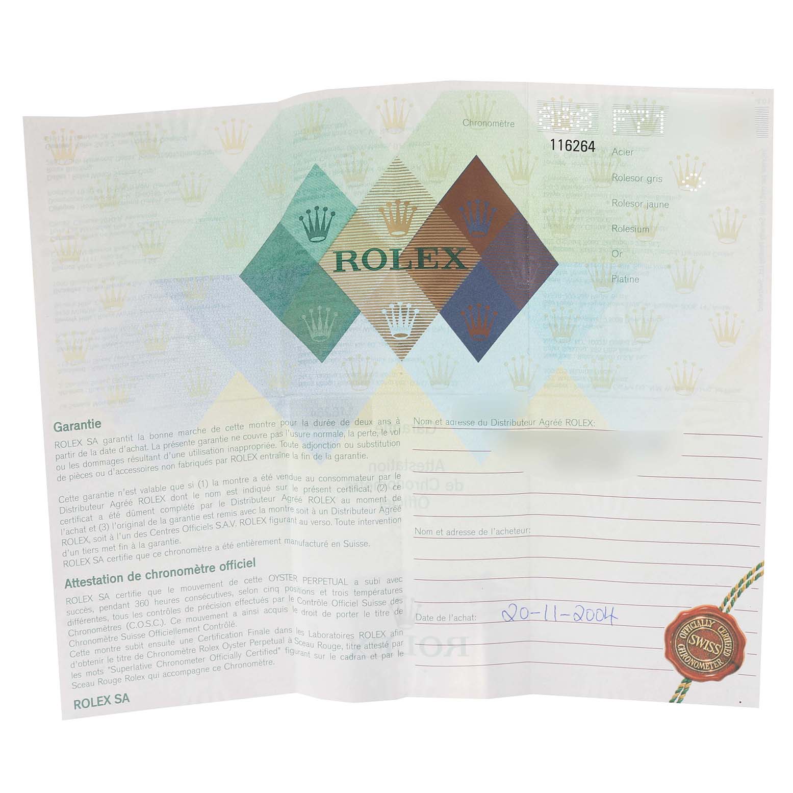 The image shows a warranty certificate for the Rolex Turn-o-Graph 116264 Men's Stainless Steel Blue Dial 116264 Men's Stainless Steel Blue Dial model.