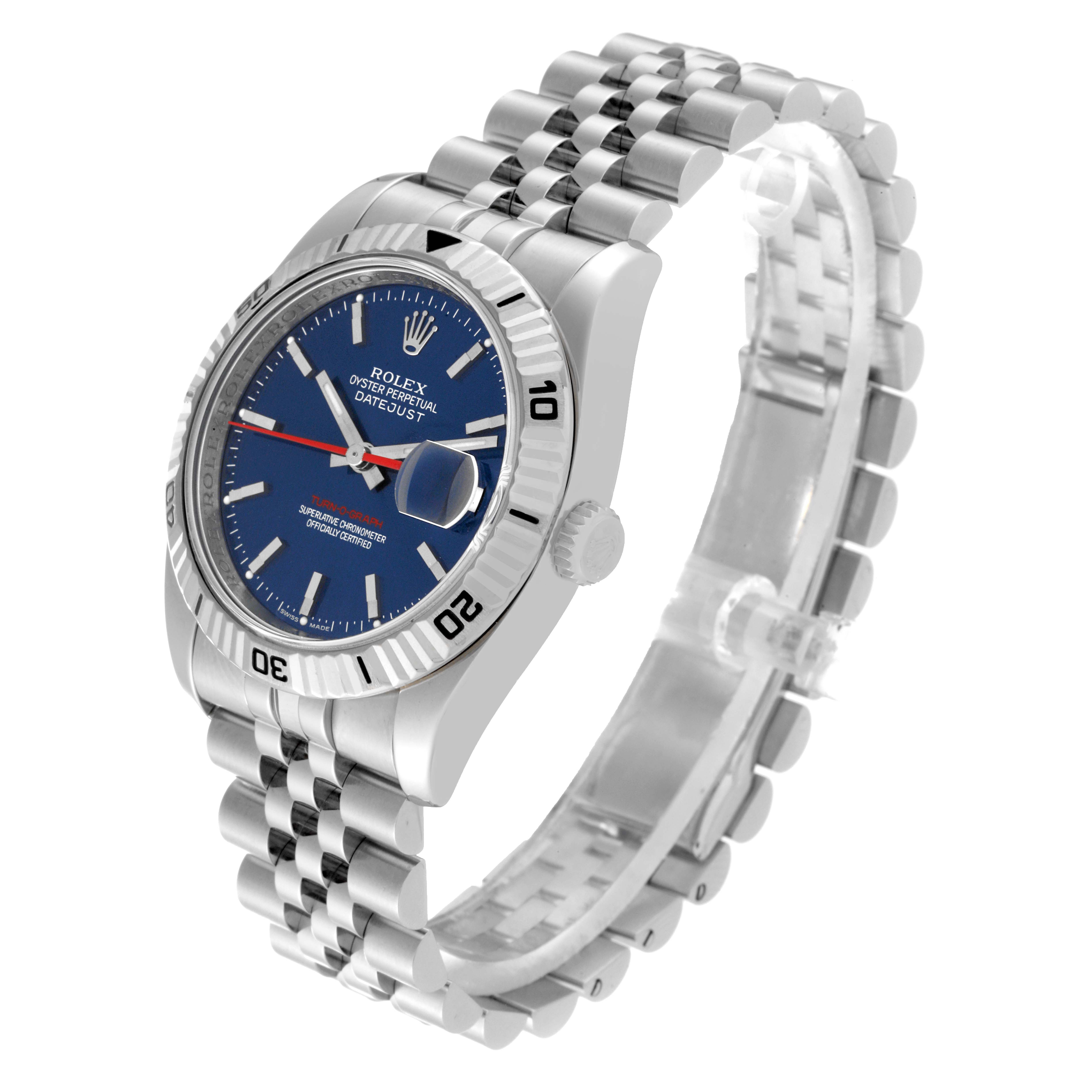 The image shows a Rolex Turn-o-Graph 116264 Men's Stainless Steel Blue Dial 116264 Men's Stainless Steel Blue Dial watch at a slight side angle, highlighting the bracelet, bezel, crown, and face.