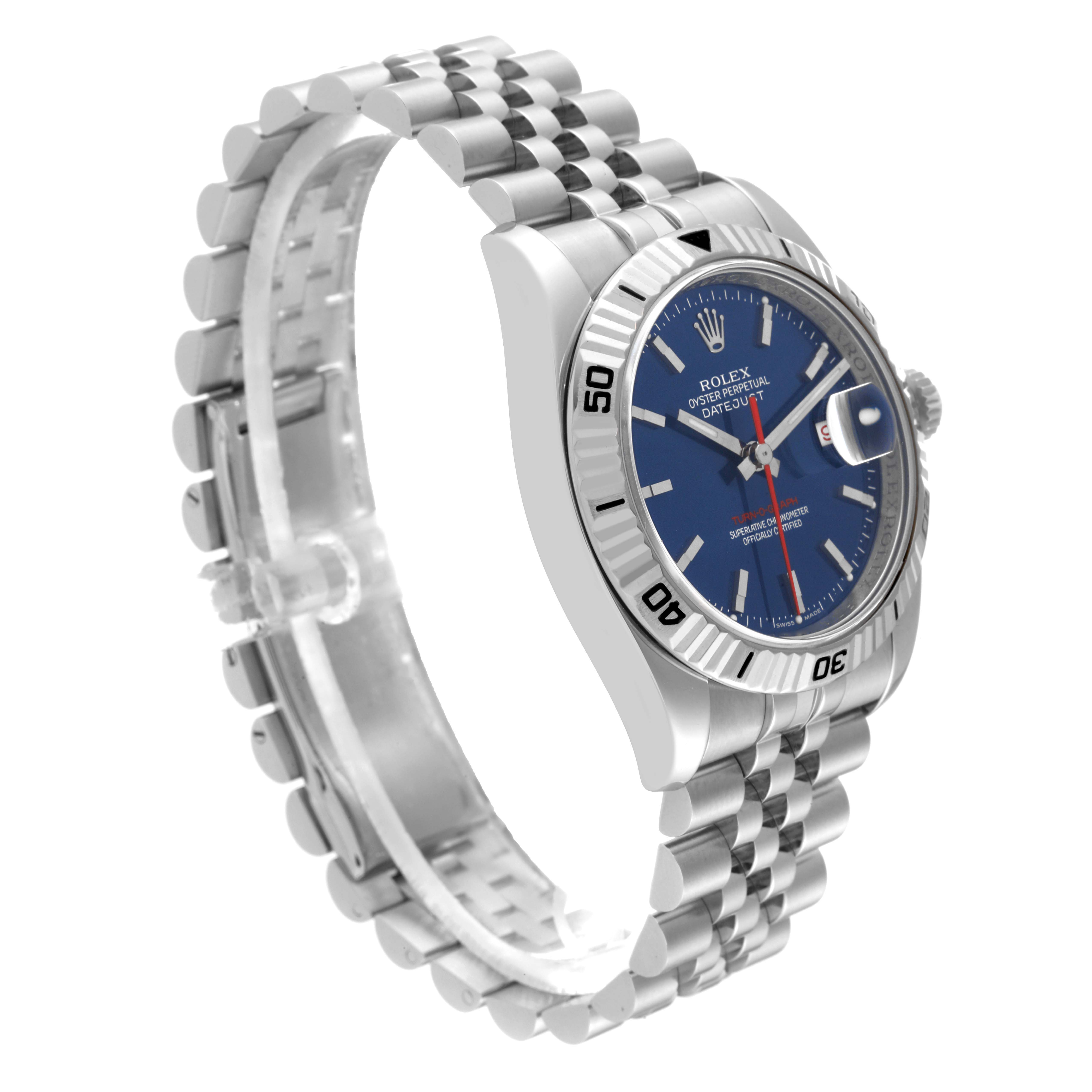 The Rolex Turn-o-Graph 116264 Men's Stainless Steel Blue Dial 116264 Men's Stainless Steel Blue Dial watch is shown at a side angle, displaying its blue dial, rotating bezel, and jubilee bracelet.
