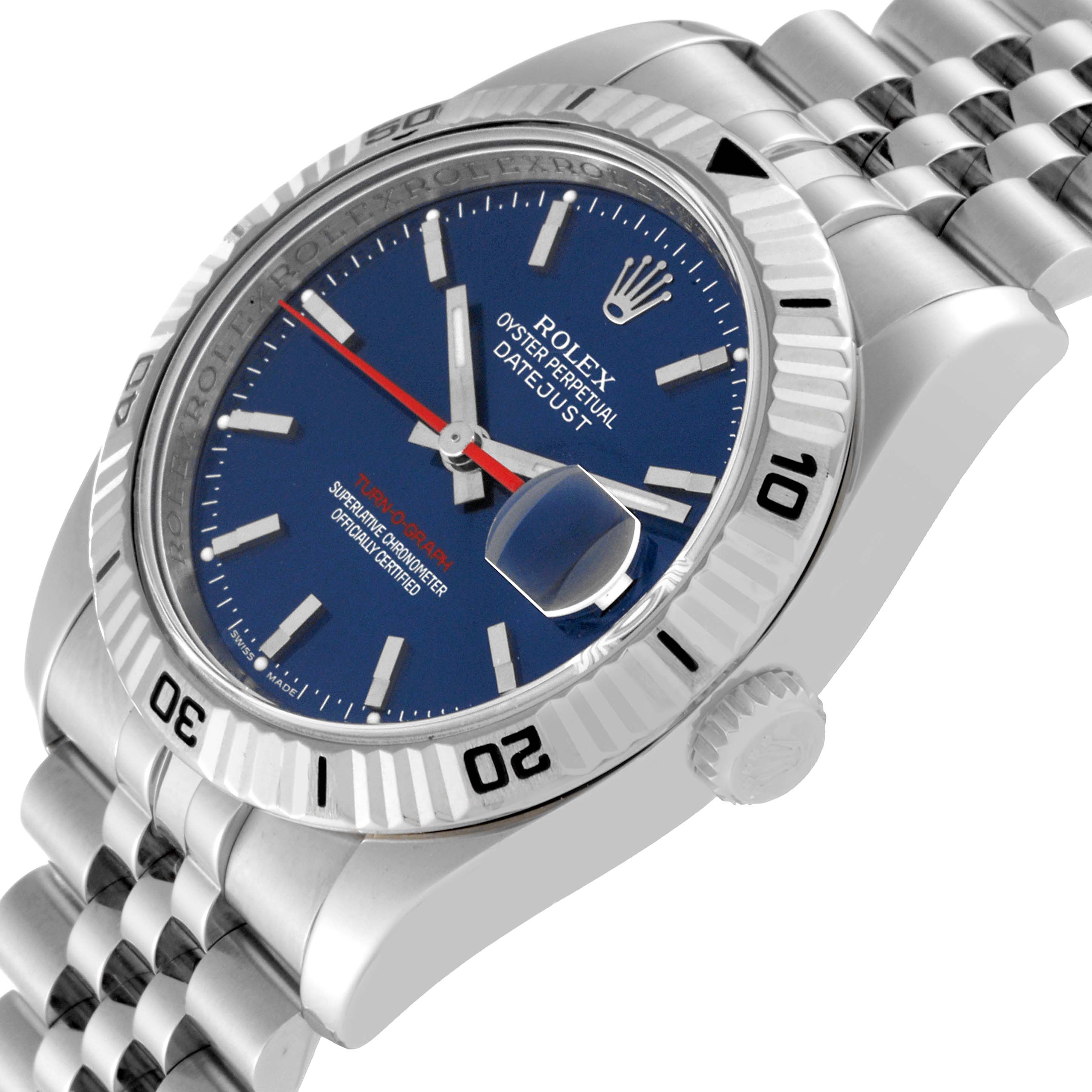 This image shows a close-up angle of the Rolex Turn-o-Graph 116264 Men's Stainless Steel Blue Dial 116264 Men's Stainless Steel Blue Dial watch, highlighting the blue dial, bezel, crown, and part of the bracelet.