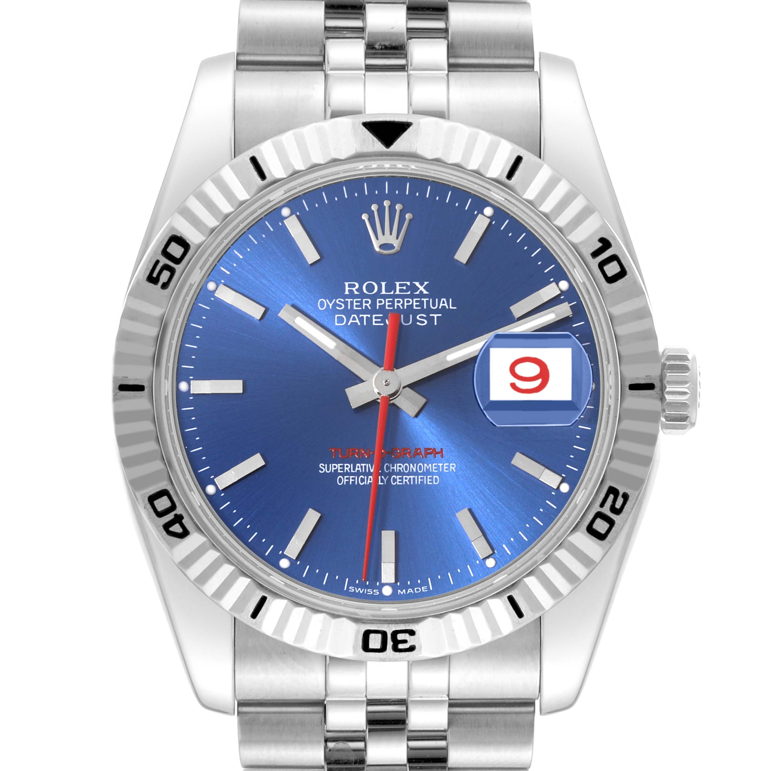 This is a front view of a Rolex Turn-o-Graph 116264 Men's Stainless Steel Blue Dial 116264 Men's Stainless Steel Blue Dial watch, showing the face, bezel, crown, and part of the bracelet.