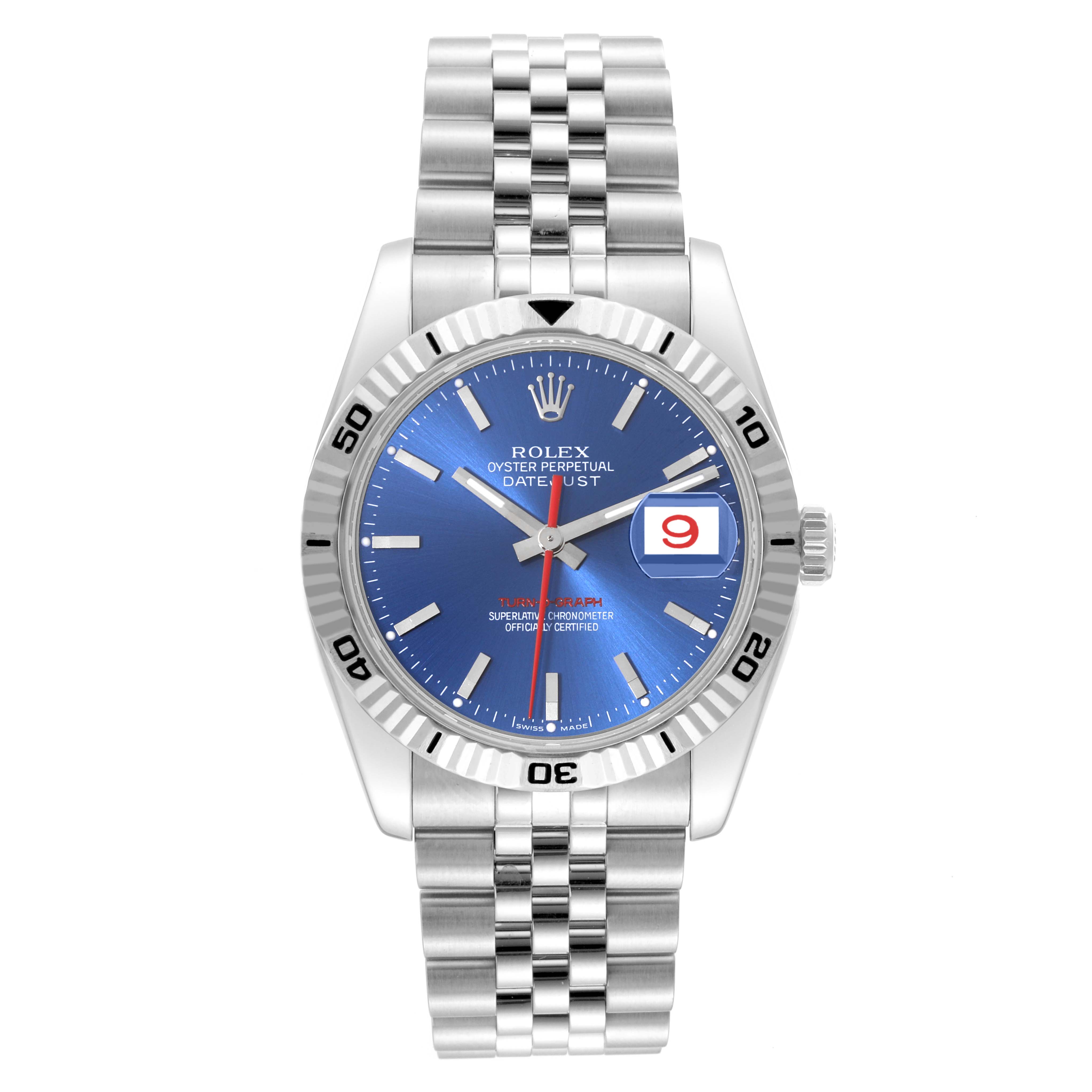 The image shows the front view of a Rolex Turn-o-Graph 116264 Men's Stainless Steel Blue Dial 116264 Men's Stainless Steel Blue Dial watch, highlighting the face, bezel, crown, and bracelet.