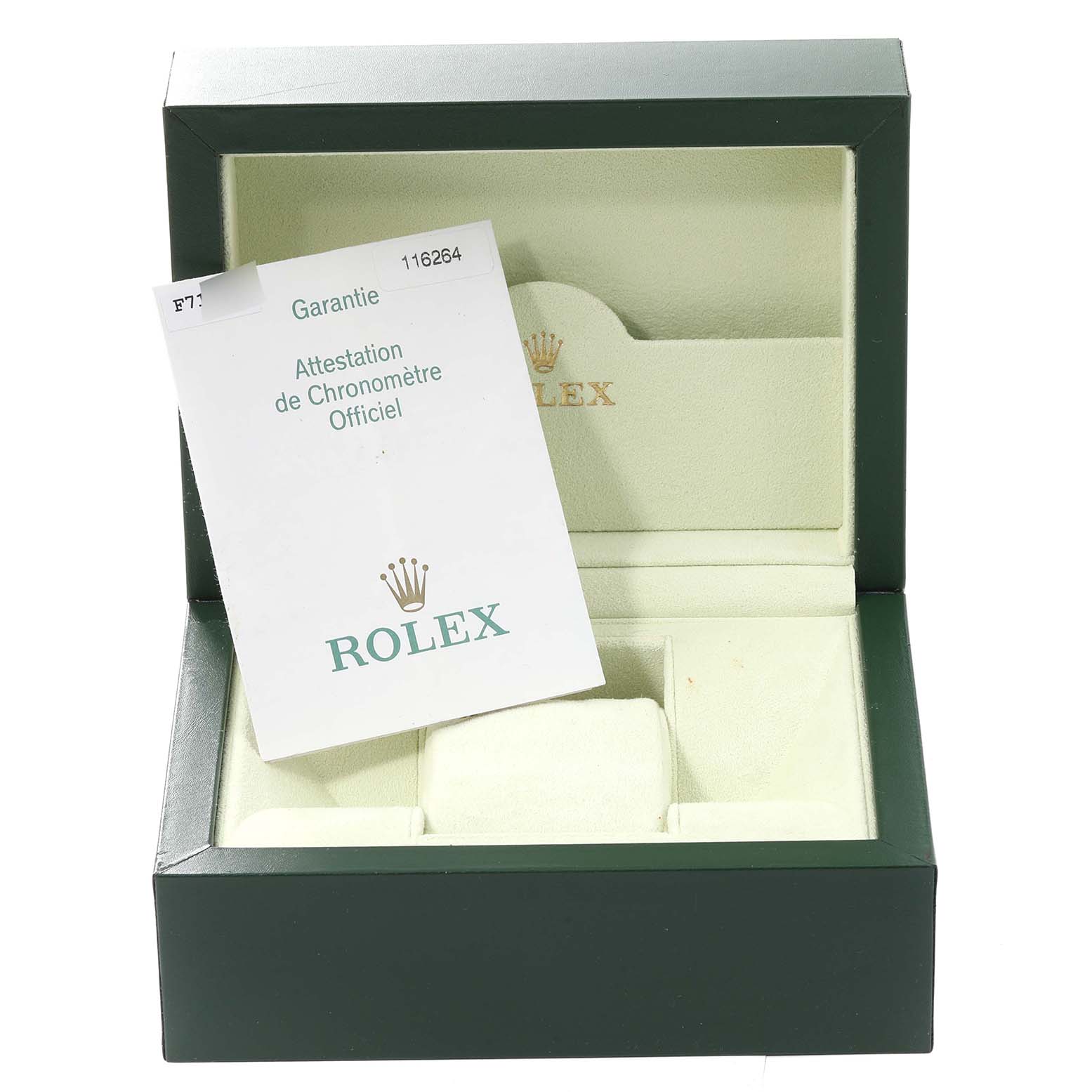 This is a top-down view of a Rolex Turn-o-Graph 116264 Men's Stainless Steel Blue Dial 116264 Men's Stainless Steel Blue Dial watch box, including the warranty card and interior compartments.