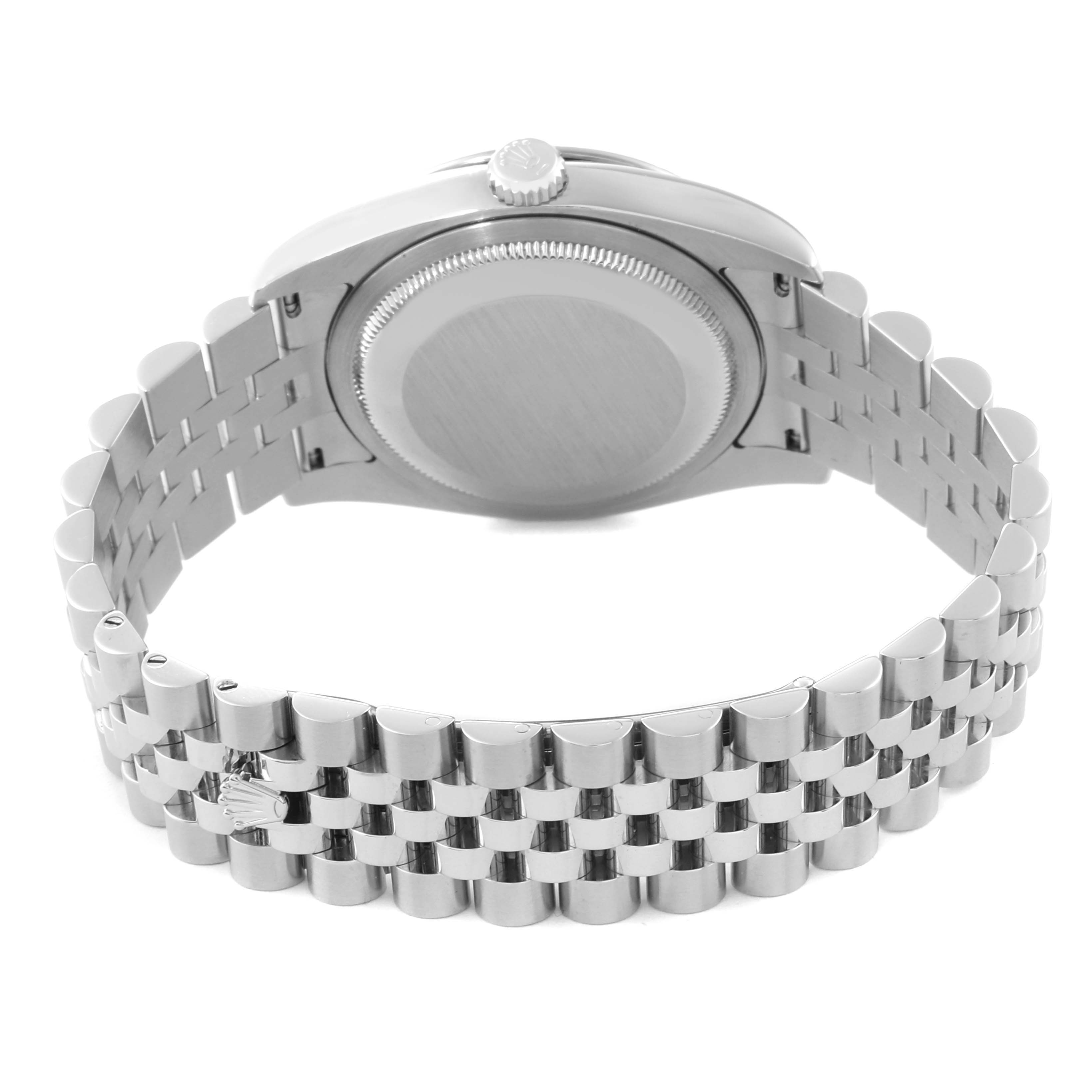 The image shows the back of a Rolex Turn-o-Graph 116264 Men's Stainless Steel Blue Dial 116264 Men's Stainless Steel Blue Dial watch, featuring its case back and metal bracelet.