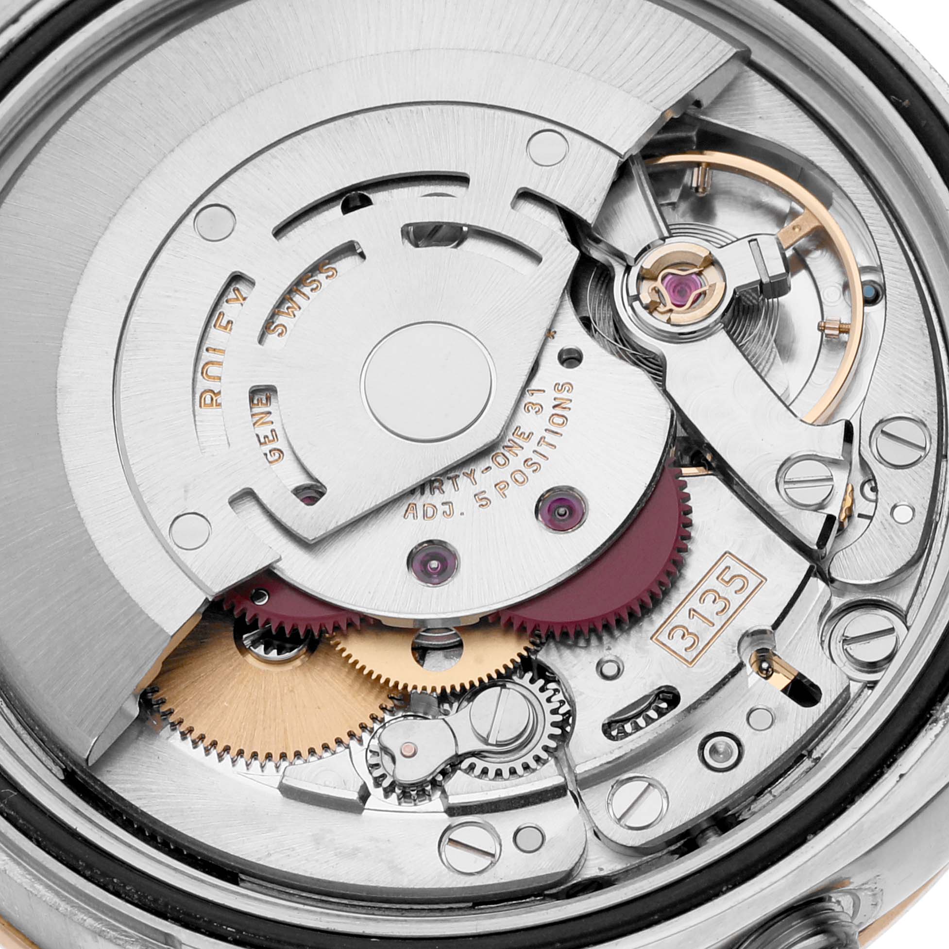 This image shows the internal mechanism and movement of the Rolex Turn-o-Graph 116263 Men's Steel and Gold (two tone) White Dial 116263 Men's Steel and Gold (two tone) White Dial watch from a top-down angle.