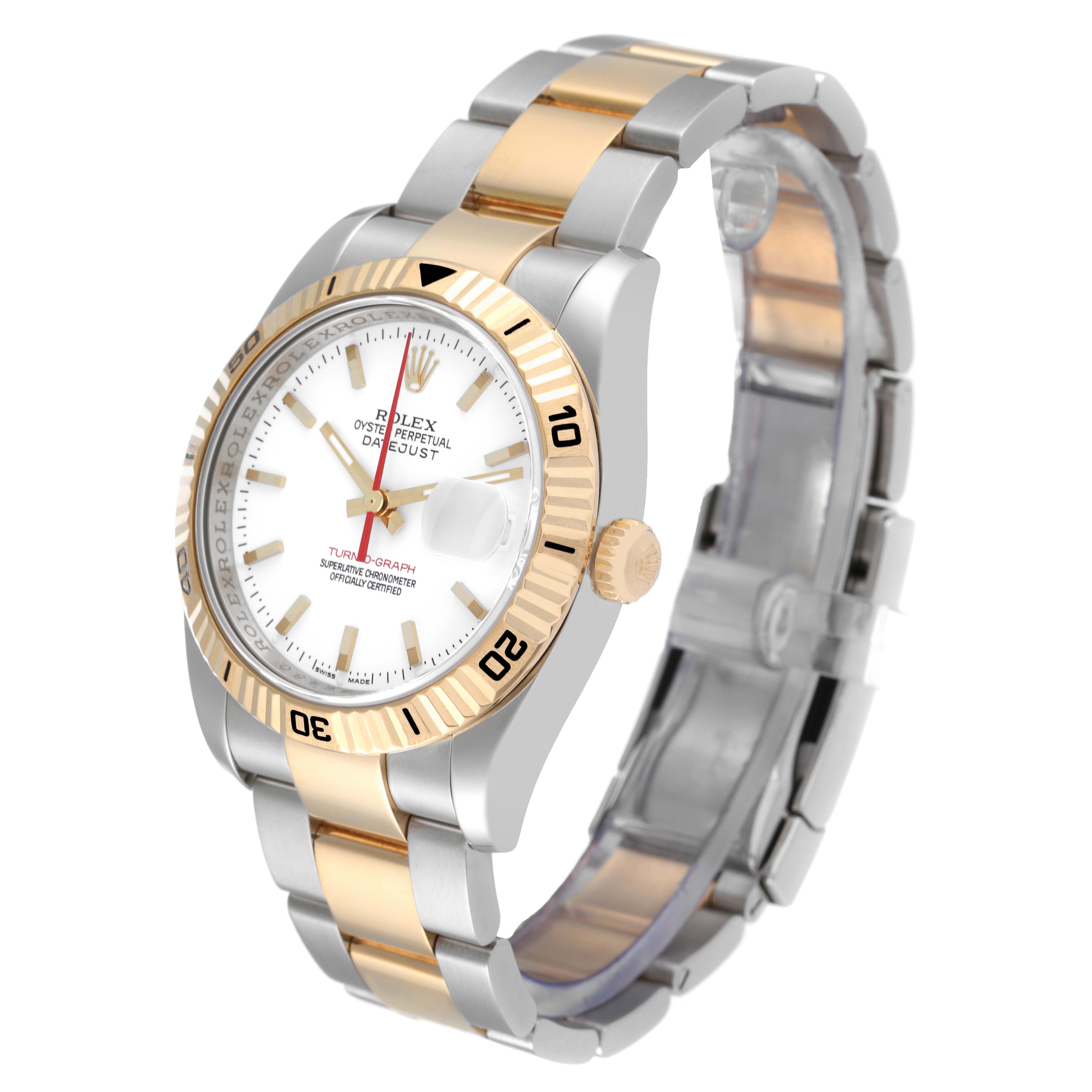 This image shows a Rolex Turn-o-Graph 116263 Men's Steel and Gold (two tone) White Dial 116263 Men's Steel and Gold (two tone) White Dial model watch from a front angle, highlighting its dial, bezel, crown, and two-tone bracelet.