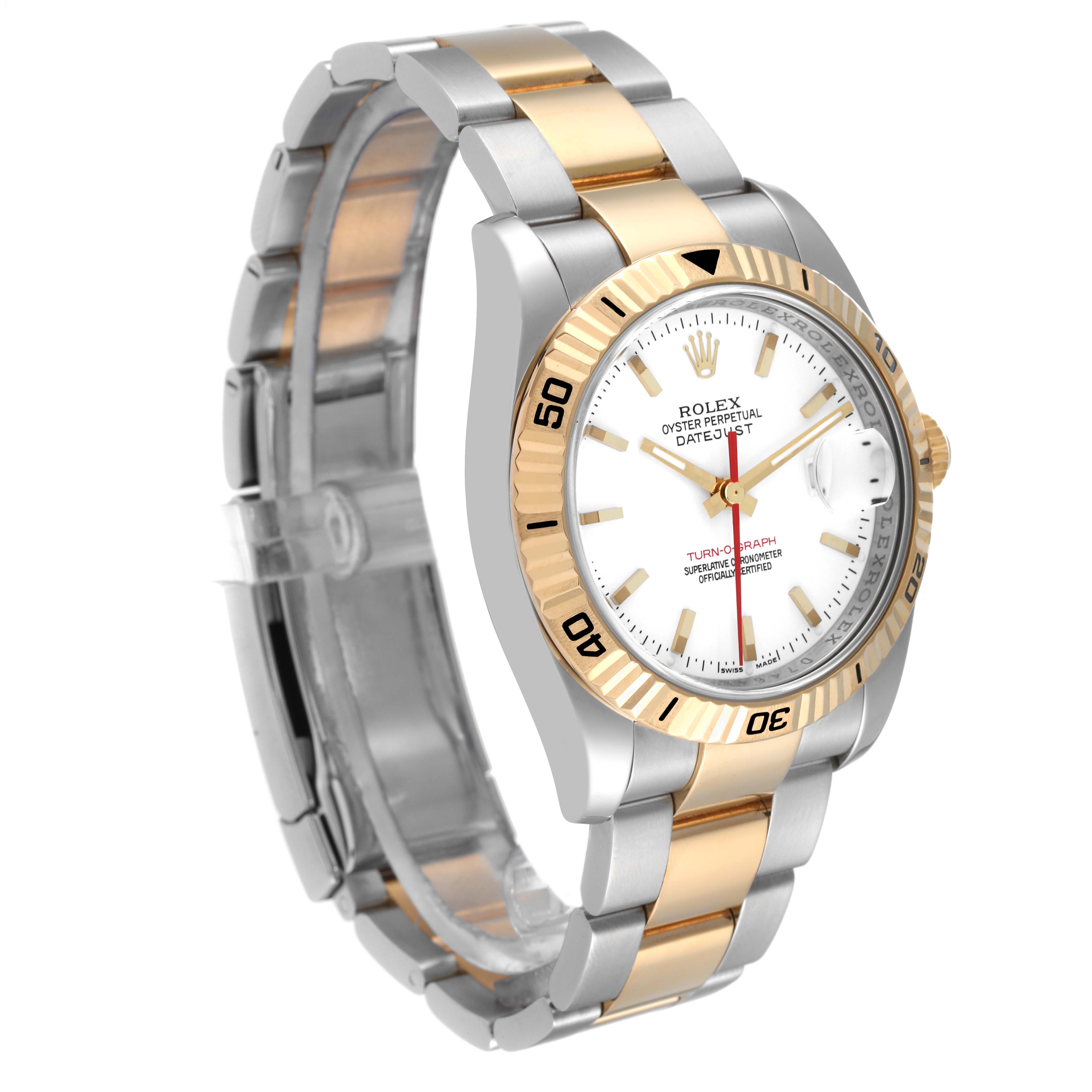The image shows a Rolex Turn-o-Graph 116263 Men's Steel and Gold (two tone) White Dial 116263 Men's Steel and Gold (two tone) White Dial watch at a three-quarter angle, highlighting the dial, bezel, and bracelet.