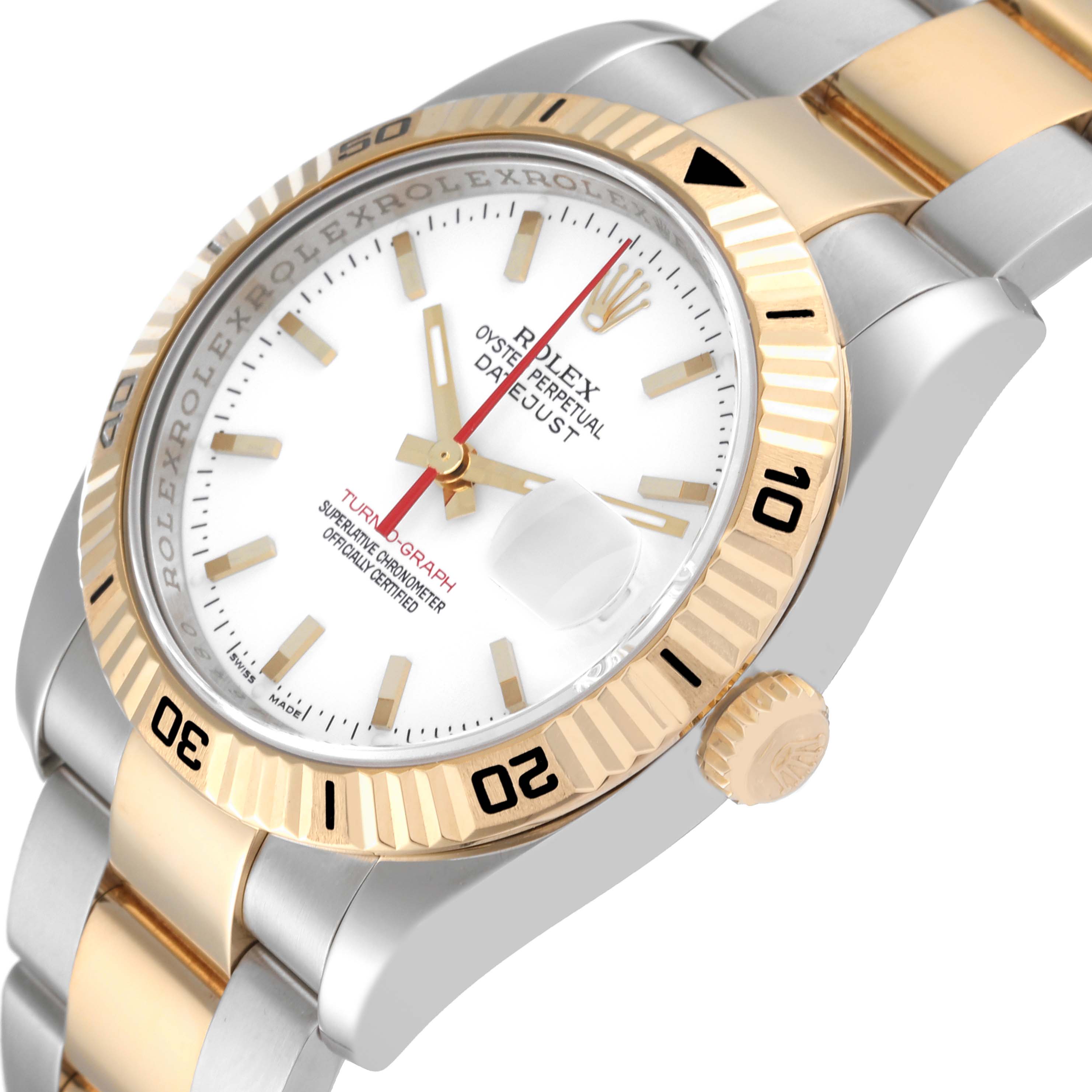 The image shows a close-up, angled view of a Rolex Turn-o-Graph 116263 Men's Steel and Gold (two tone) White Dial 116263 Men's Steel and Gold (two tone) White Dial watch, highlighting its dial, bezel, and part of the bracelet.
