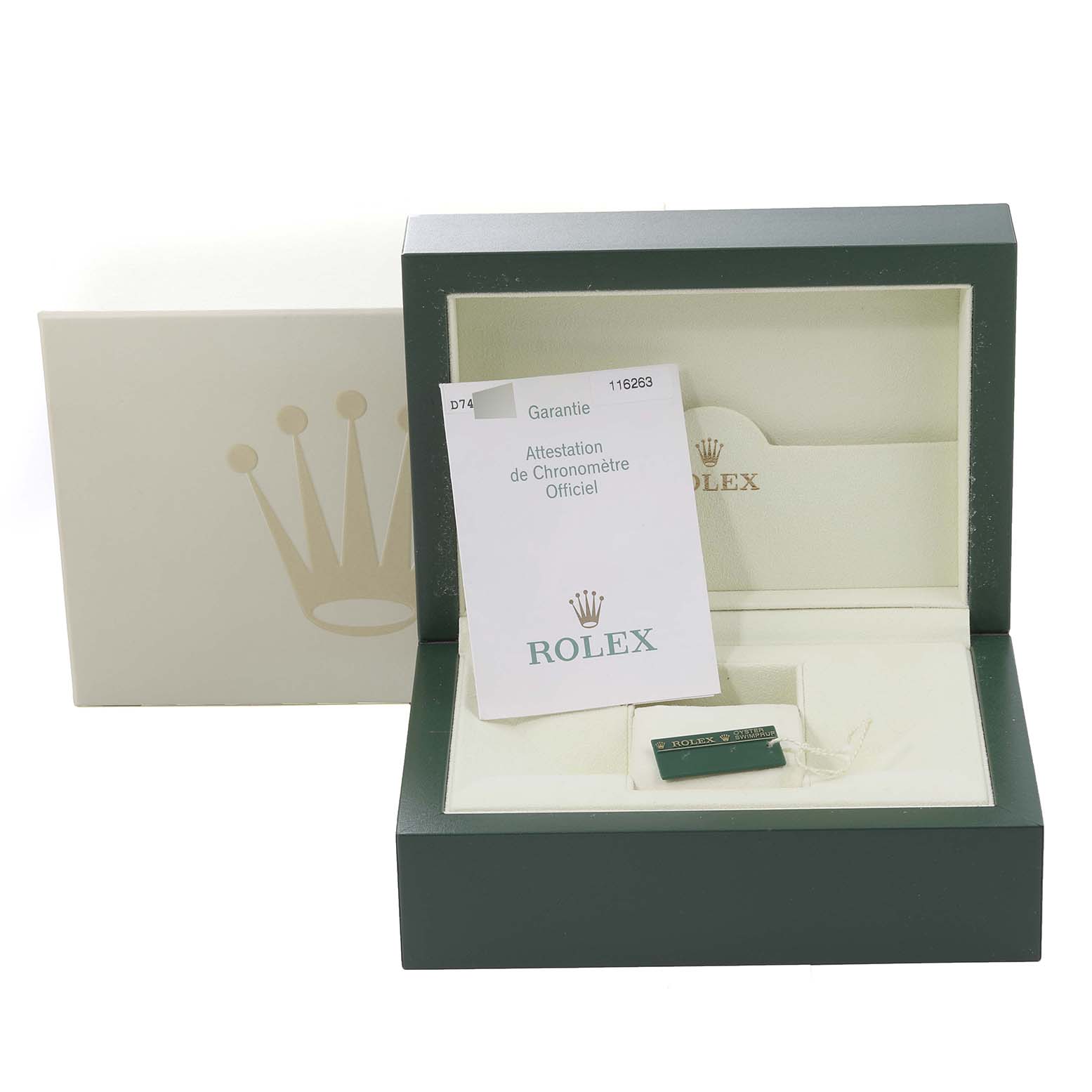 The image shows the open box and warranty card for a Rolex Turn-o-Graph 116263 Men's Steel and Gold (two tone) White Dial 116263 Men's Steel and Gold (two tone) White Dial watch.