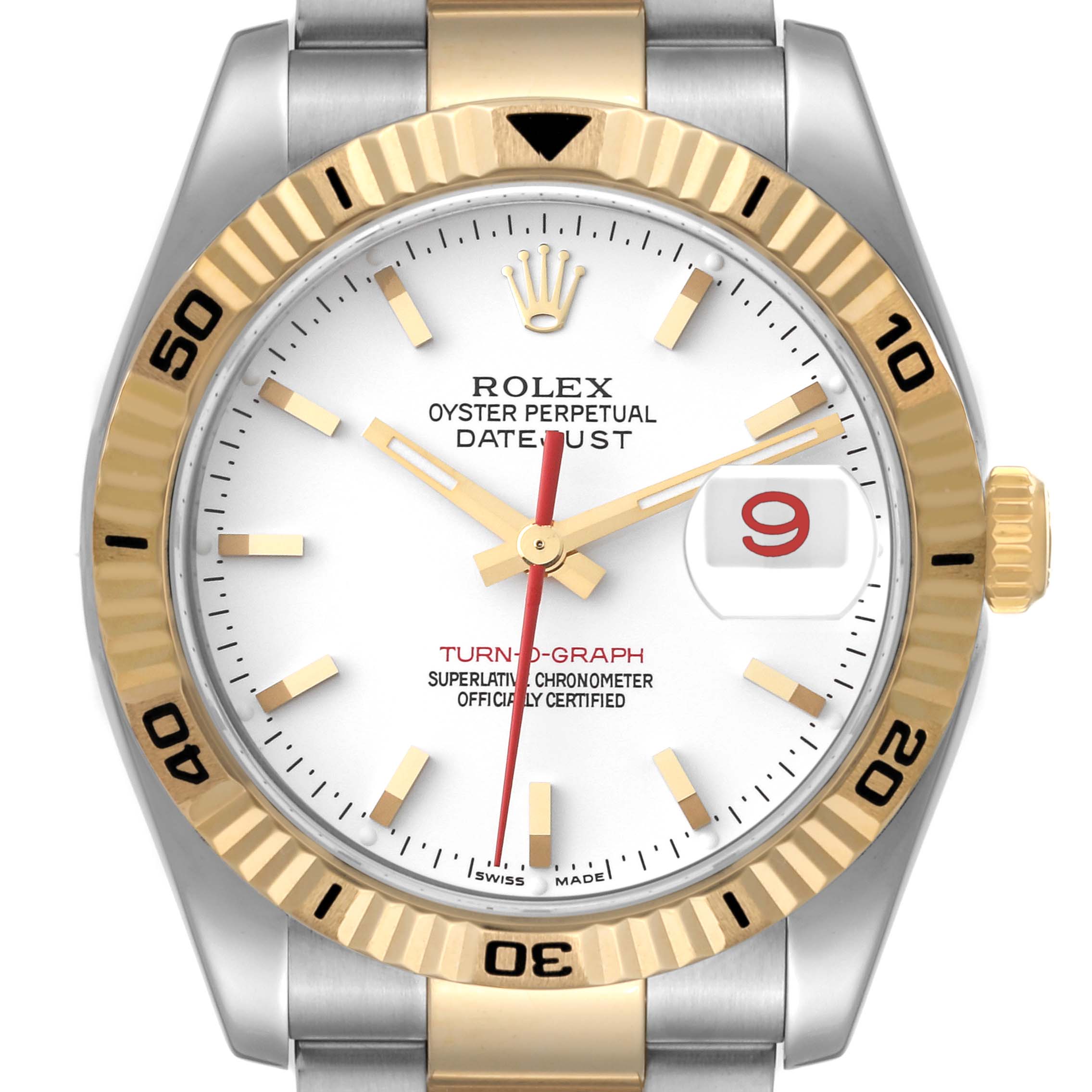 The image shows a front view of the Rolex Turn-o-Graph 116263 Men's Steel and Gold (two tone) White Dial 116263 Men's Steel and Gold (two tone) White Dial watch, displaying its face, hands, bezel, and crown.