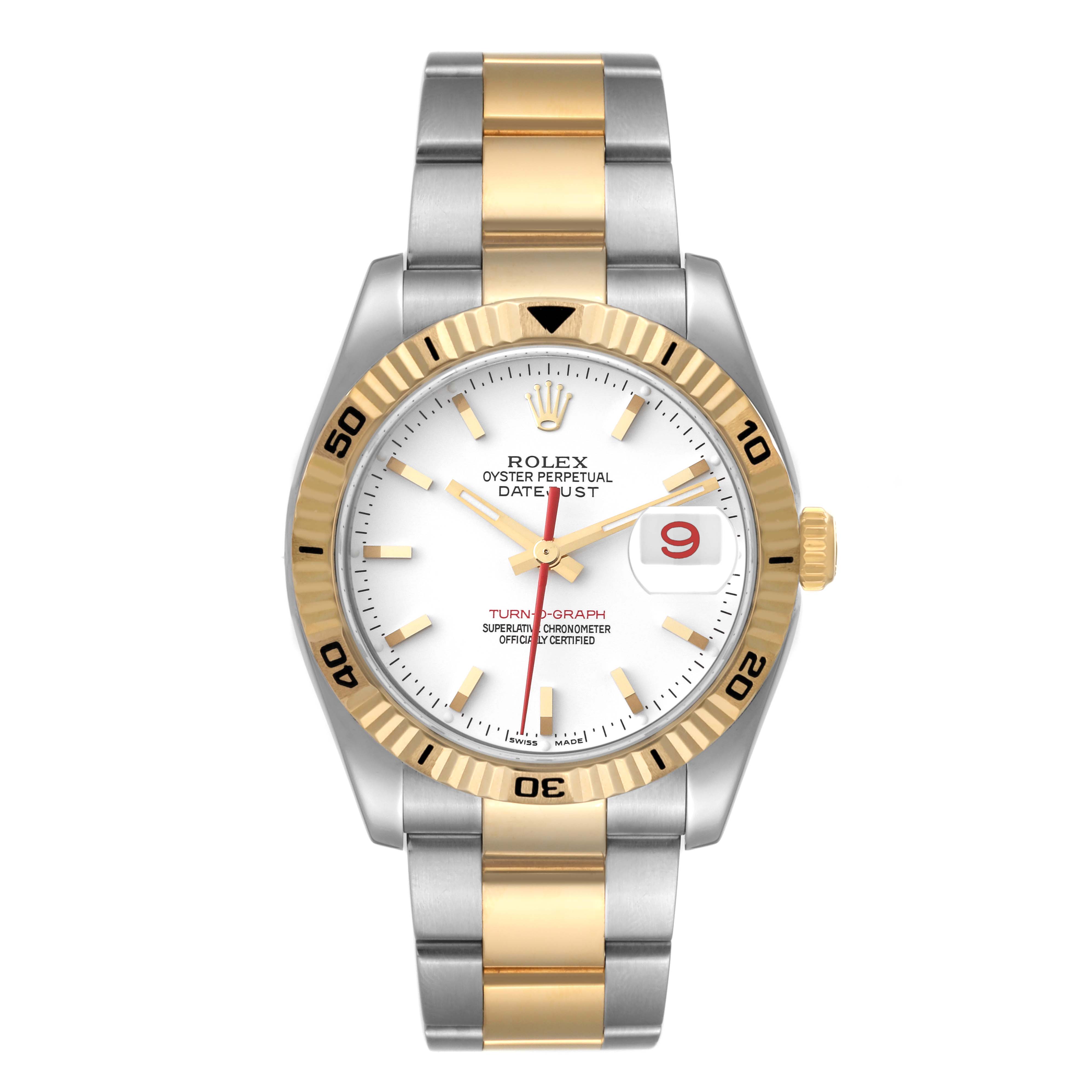 The image shows a front-facing view of a Rolex Turn-o-Graph 116263 Men's Steel and Gold (two tone) White Dial 116263 Men's Steel and Gold (two tone) White Dial watch, featuring a white dial, gold bezel, and two-tone bracelet.
