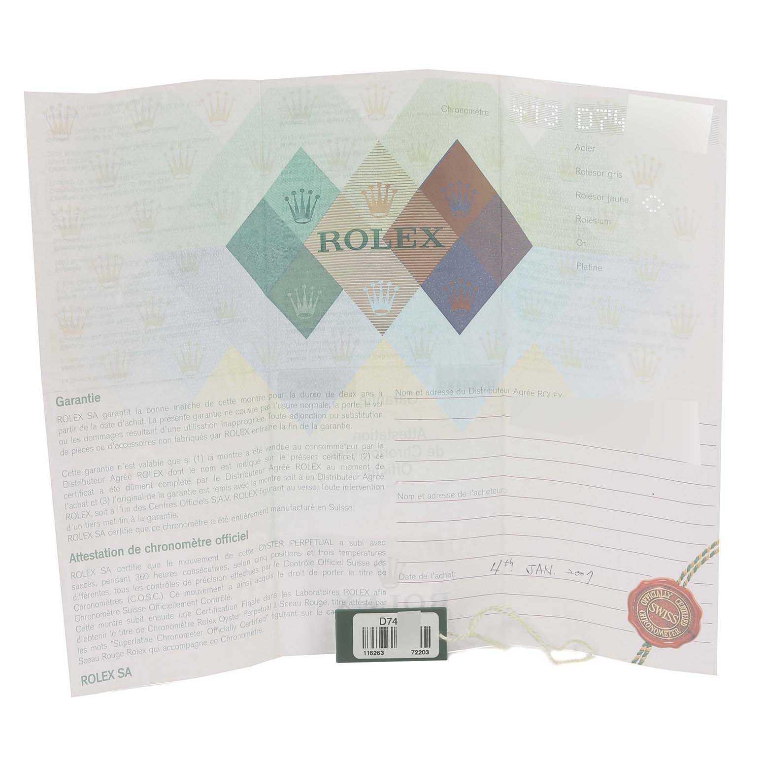 A warranty card for the Rolex Turn-o-Graph 116263 Men's Steel and Gold (two tone) White Dial 116263 Men's Steel and Gold (two tone) White Dial model, showing official certification and purchase details.