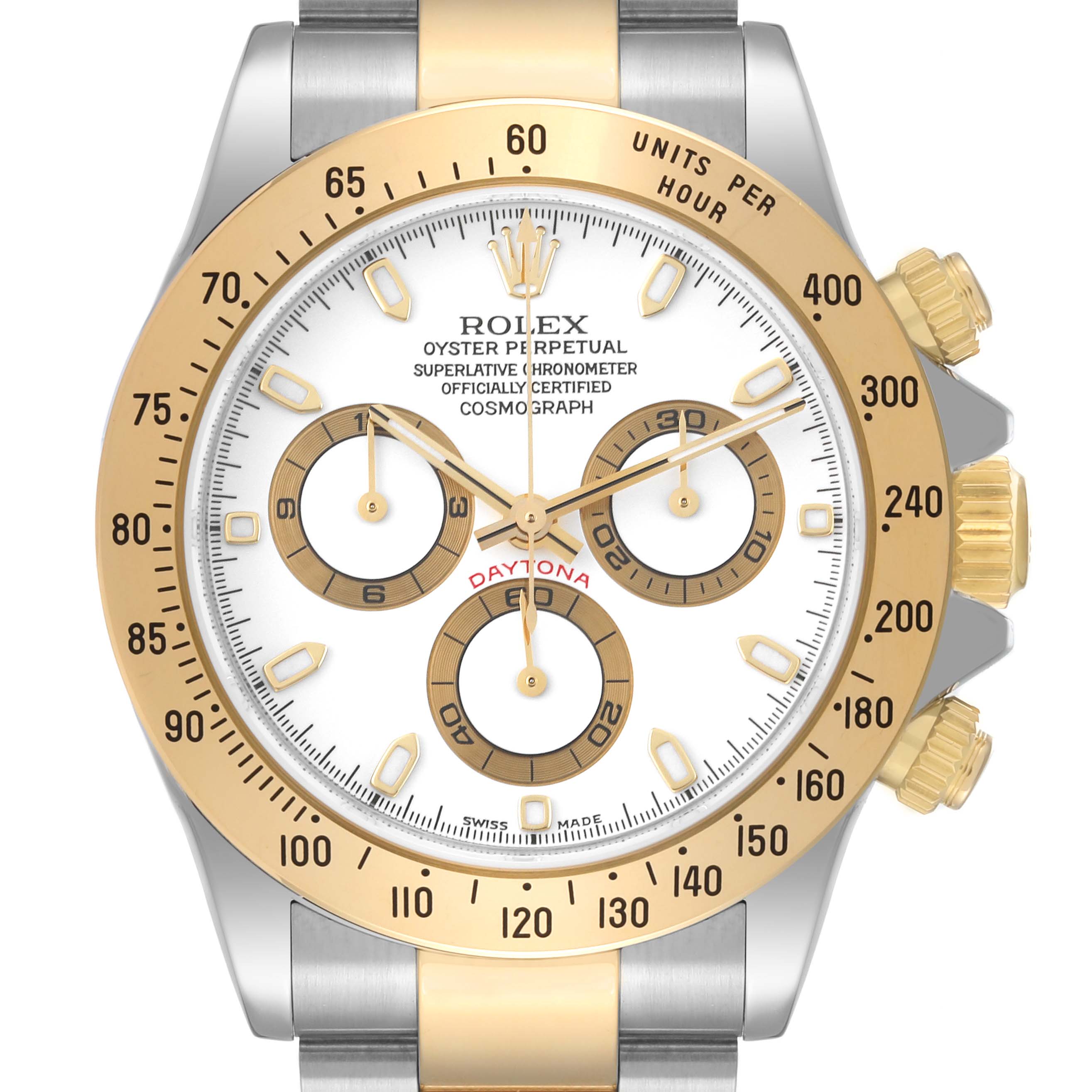 This image shows a front view of a Rolex Daytona 116523 Men
s Steel and Gold (two tone) White Dial 116523 Men
s Steel and Gold (two tone) White Dial watch, highlighting the face, bezel, and crown.