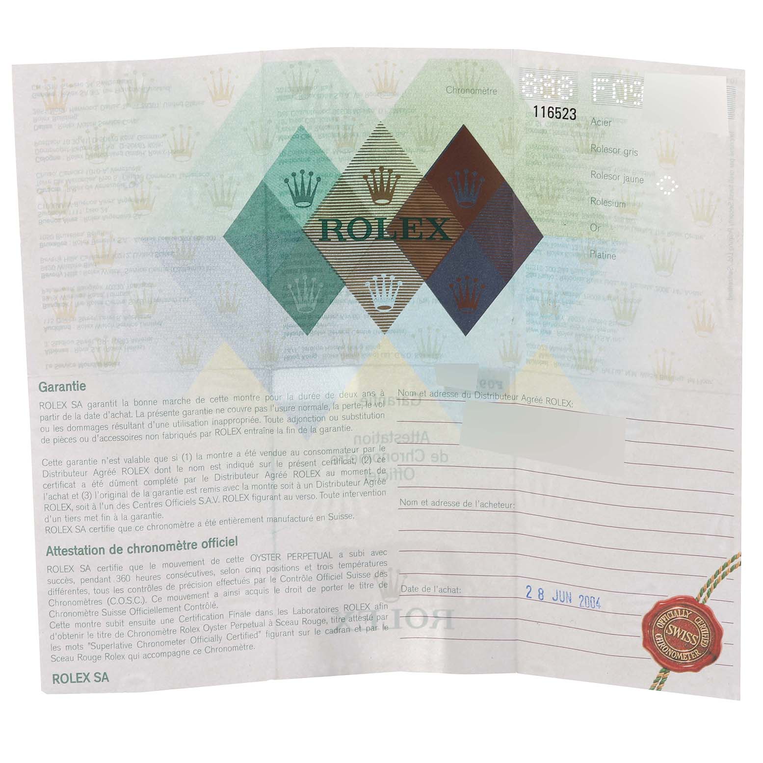 This image shows the warranty card for the Rolex Daytona 116523 Men
s Steel and Gold (two tone) White Dial 116523 Men
s Steel and Gold (two tone) White Dial watch model, featuring the brand
s logo and purchase details.