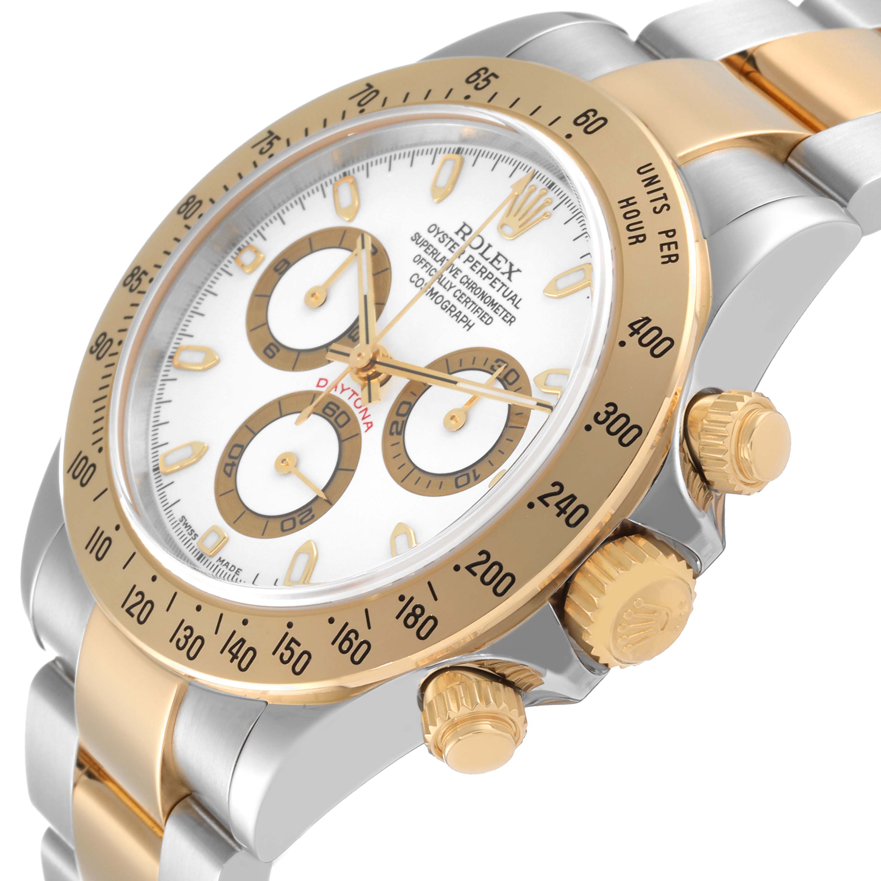 This Rolex Daytona 116523 Men
s Steel and Gold (two tone) White Dial 116523 Men
s Steel and Gold (two tone) White Dial watch is shown at an angled side view, highlighting the bezel, dial, and crown.