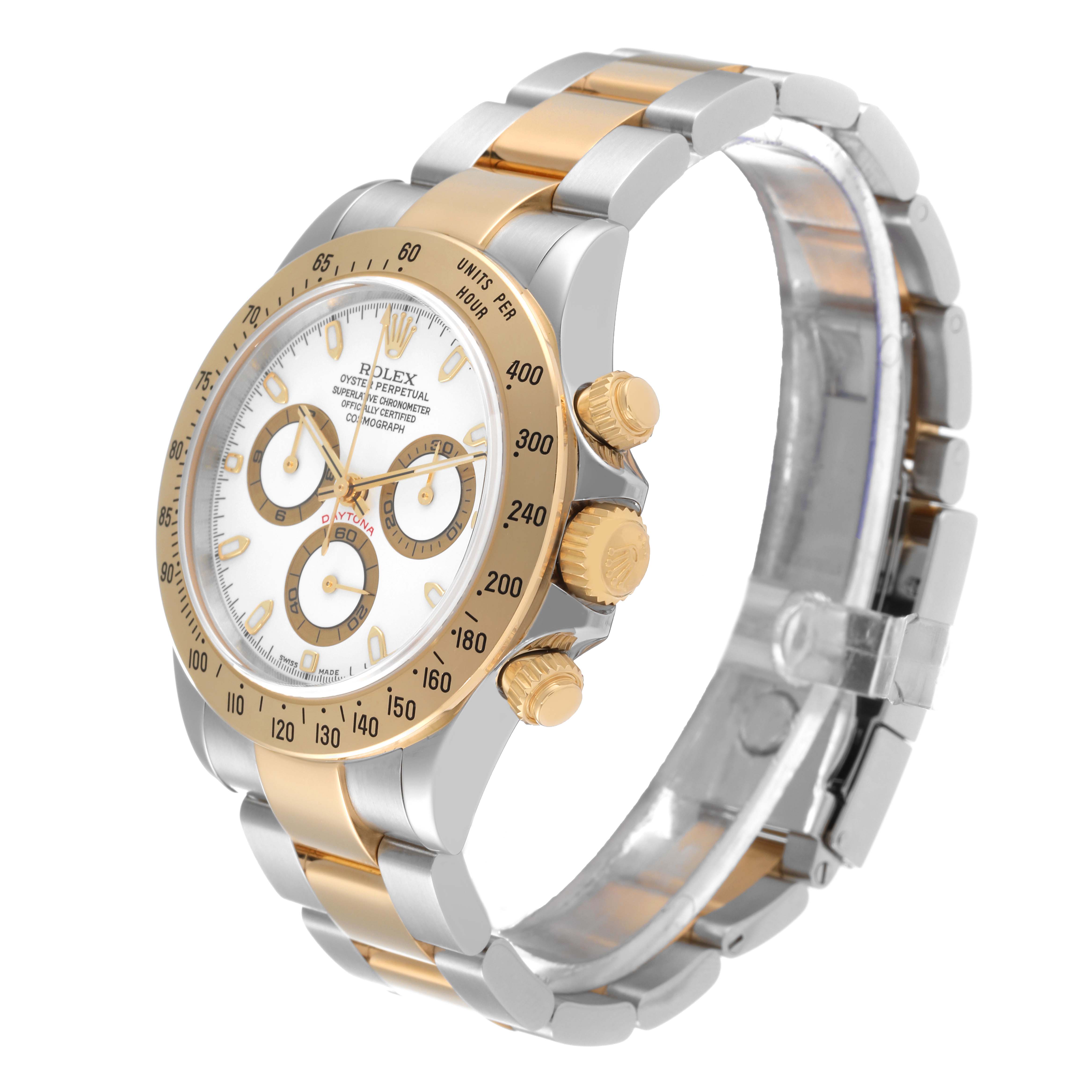 This image shows a side angle of a Rolex Daytona 116523 Men
s Steel and Gold (two tone) White Dial 116523 Men
s Steel and Gold (two tone) White Dial watch, highlighting the bezel, crown, pushers, and bracelet.