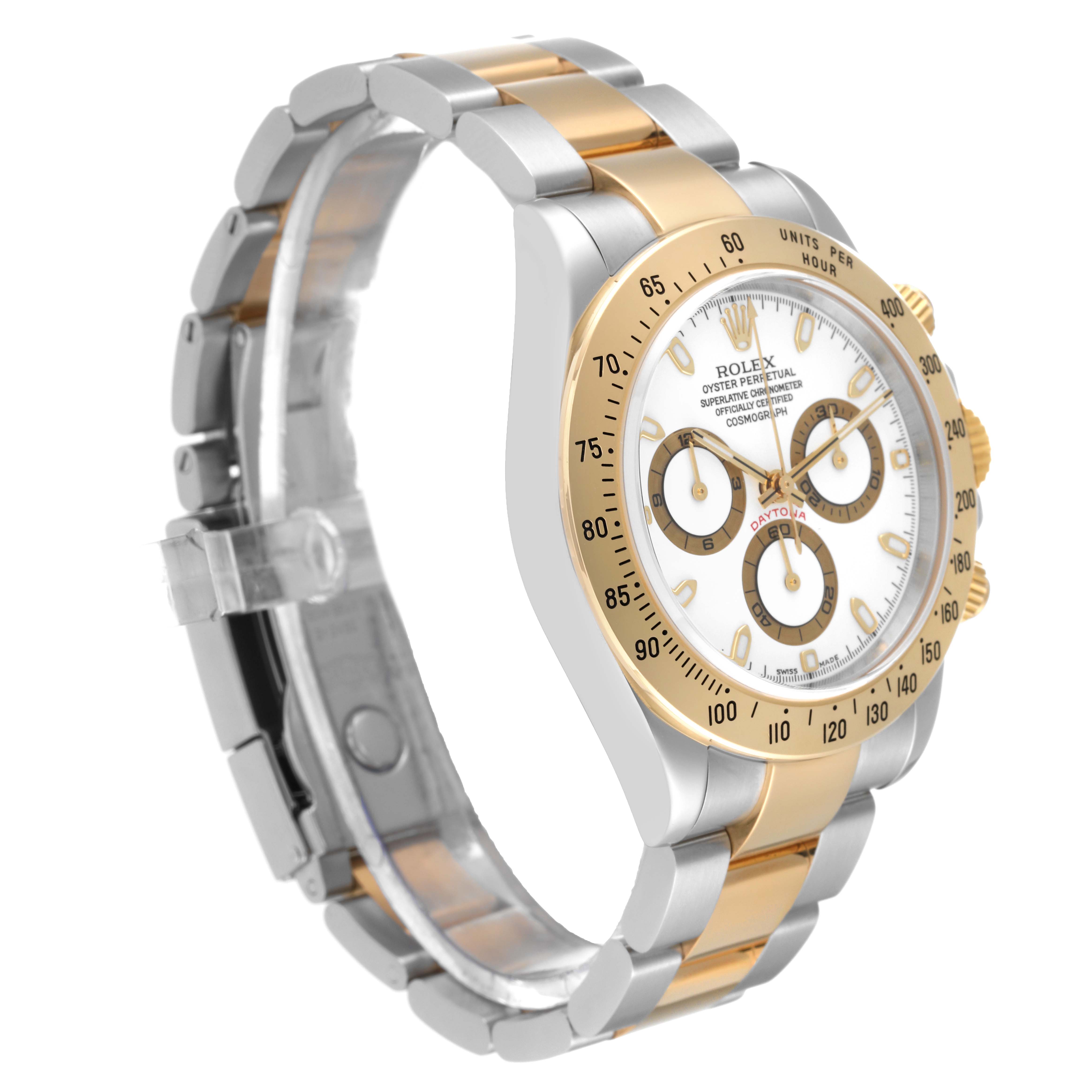 The image shows a side angle of a Rolex Daytona 116523 Men
s Steel and Gold (two tone) White Dial 116523 Men
s Steel and Gold (two tone) White Dial watch, highlighting the bezel, dial, and two-tone bracelet.