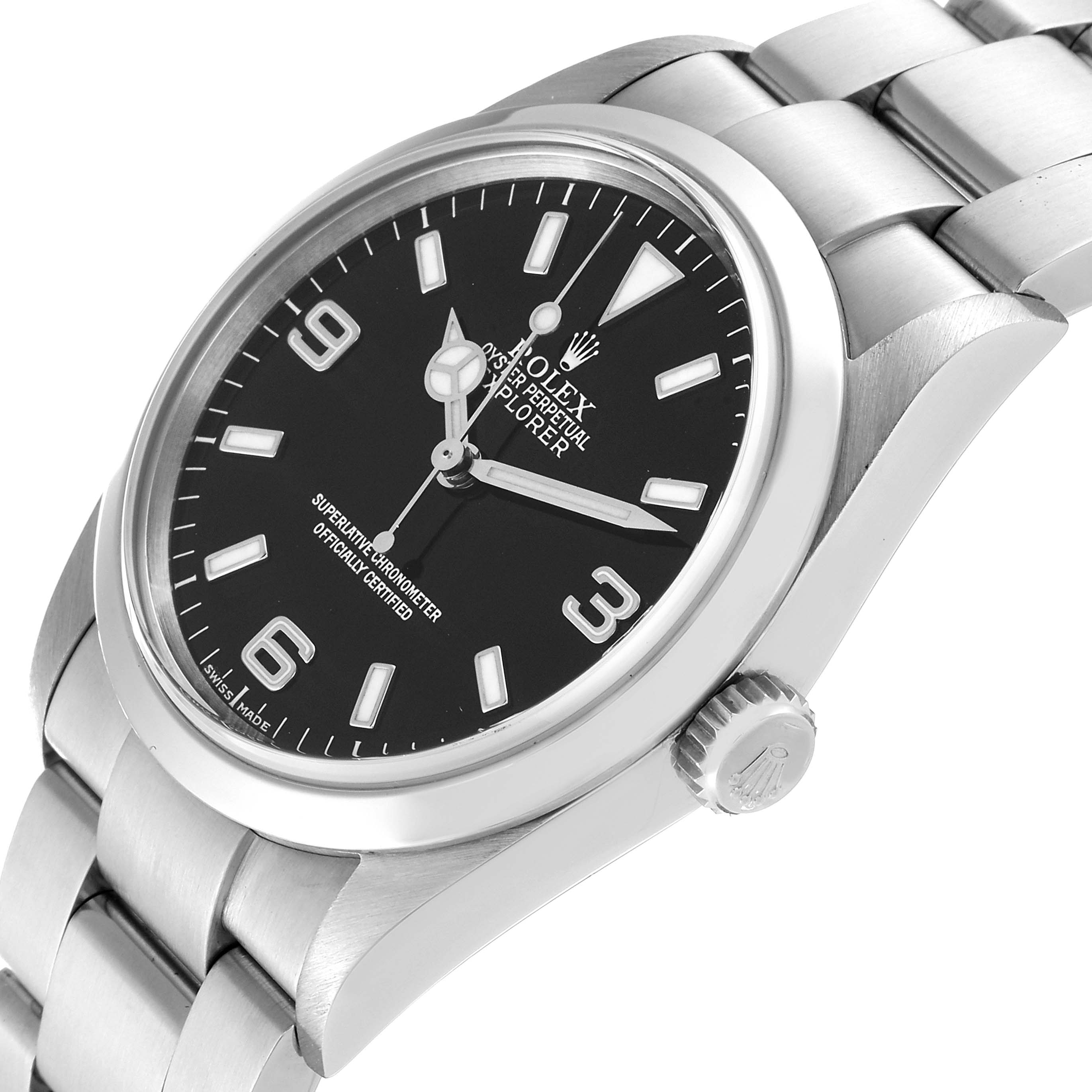 The Rolex Explorer 114270 Men
s Stainless Steel Black Dial 114270 Men
s Stainless Steel Black Dial watch is shown from a tilted angle, showcasing the watch face, crown, and part of the bracelet.