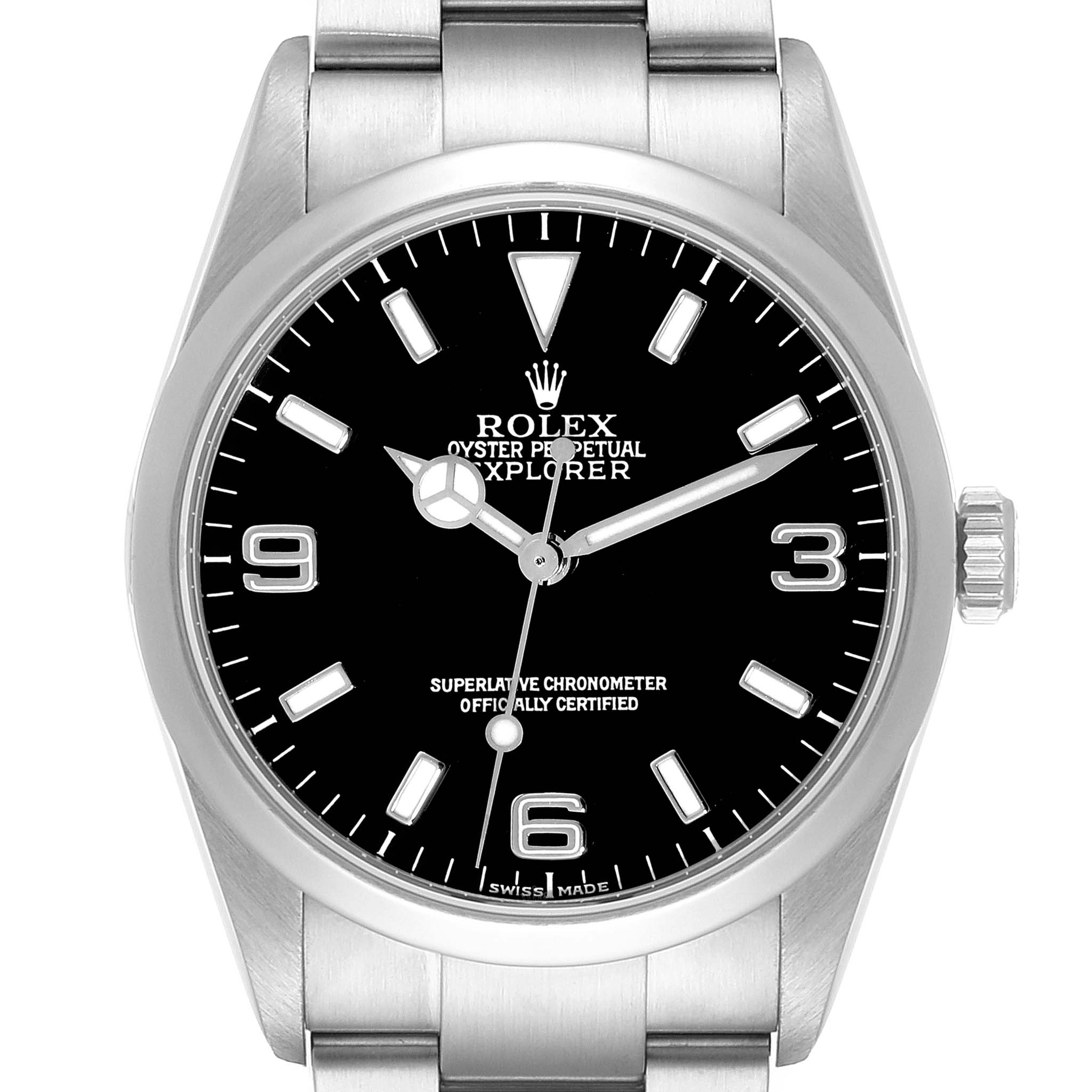 The image shows a front view of the Rolex Explorer 114270 Men
s Stainless Steel Black Dial 114270 Men
s Stainless Steel Black Dial watch, displaying the face, dial, and part of the bracelet.