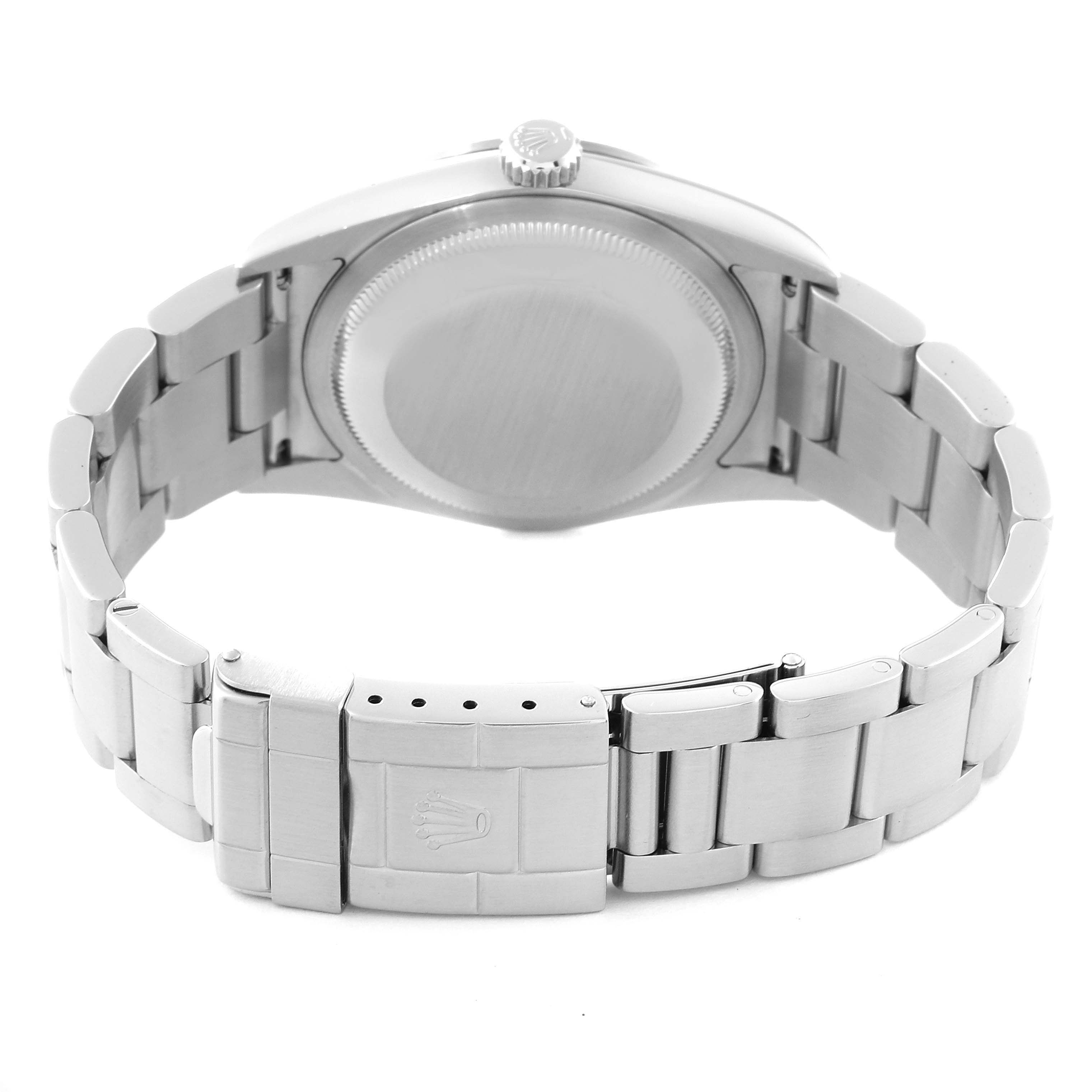 This image shows the back view of the Rolex Explorer 114270 Men
s Stainless Steel Black Dial 114270 Men
s Stainless Steel Black Dial watch, featuring its clasp and bracelet.