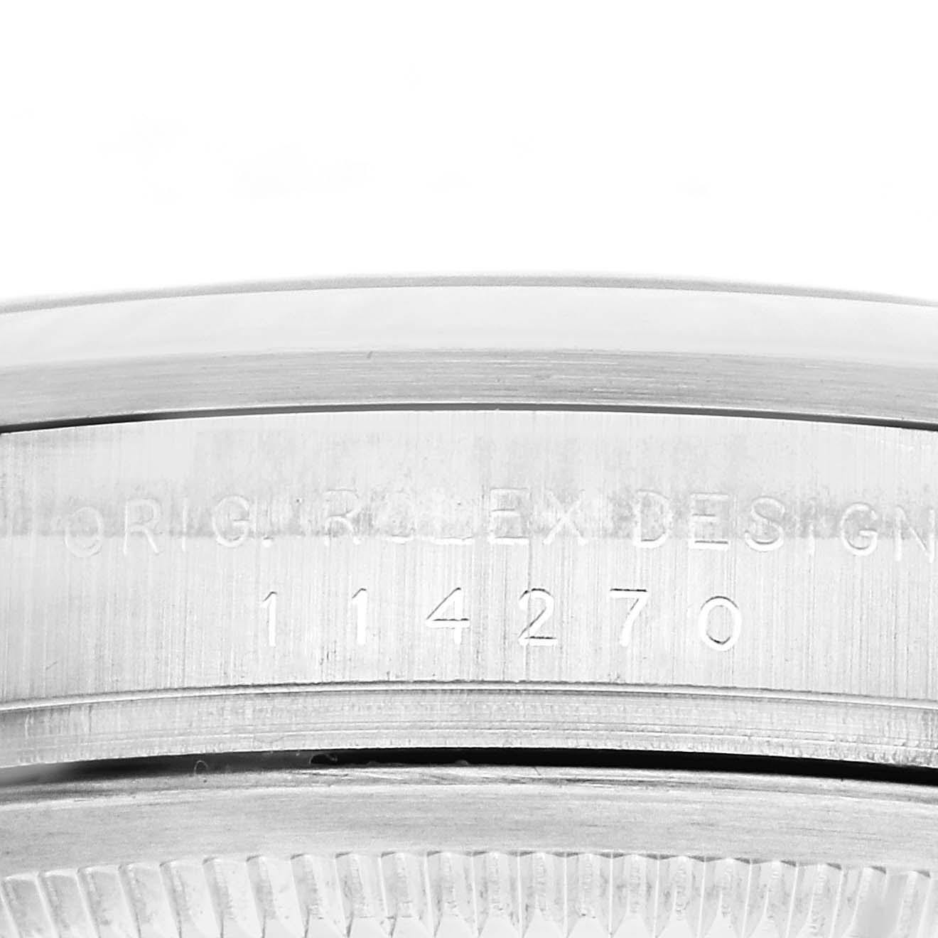 The image shows the side view of the case of a Rolex Explorer 114270 Men
s Stainless Steel Black Dial 114270 Men
s Stainless Steel Black Dial watch, featuring its model number 114270.