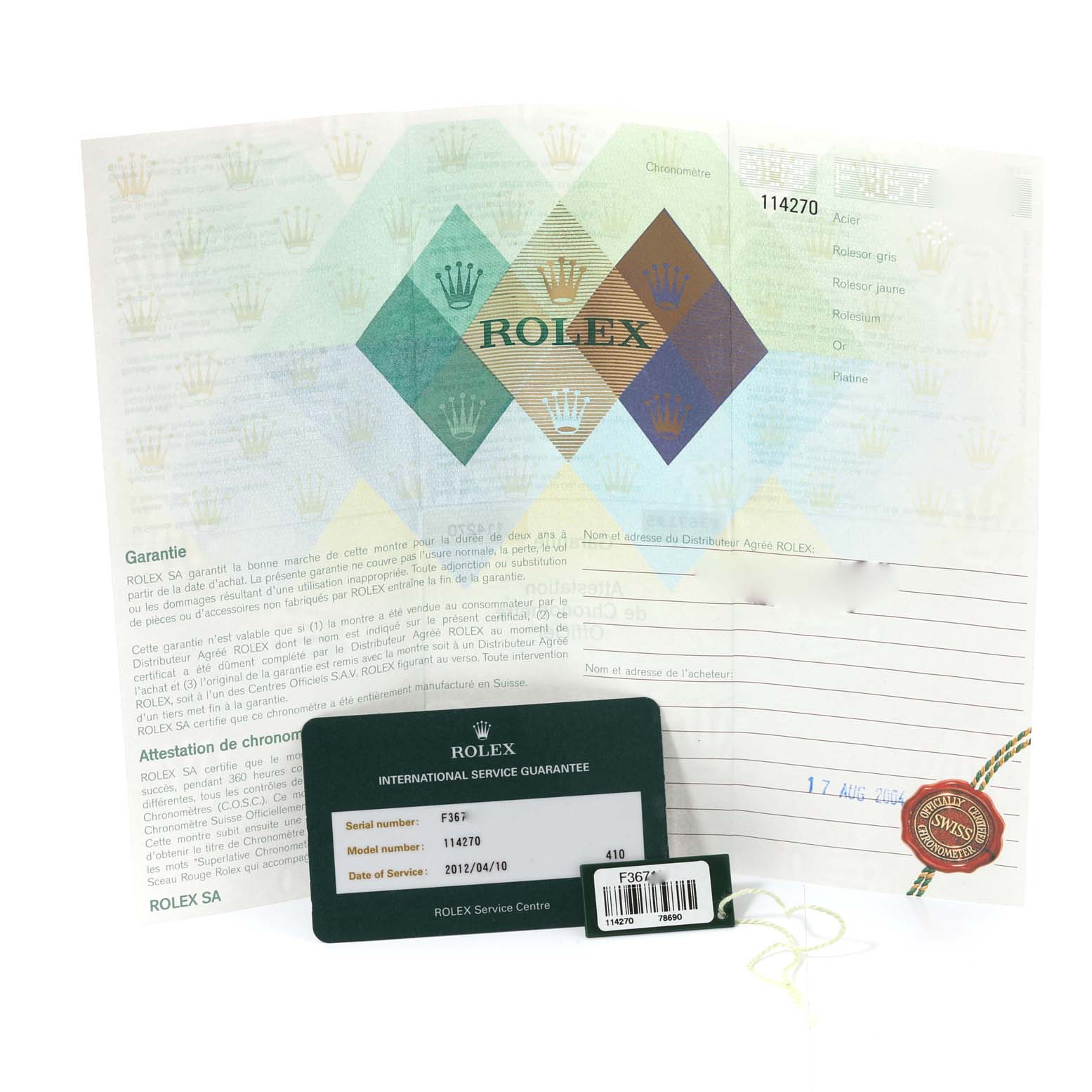 The image shows the warranty and service guarantee documents for a Rolex Explorer 114270 Men
s Stainless Steel Black Dial 114270 Men
s Stainless Steel Black Dial model watch.