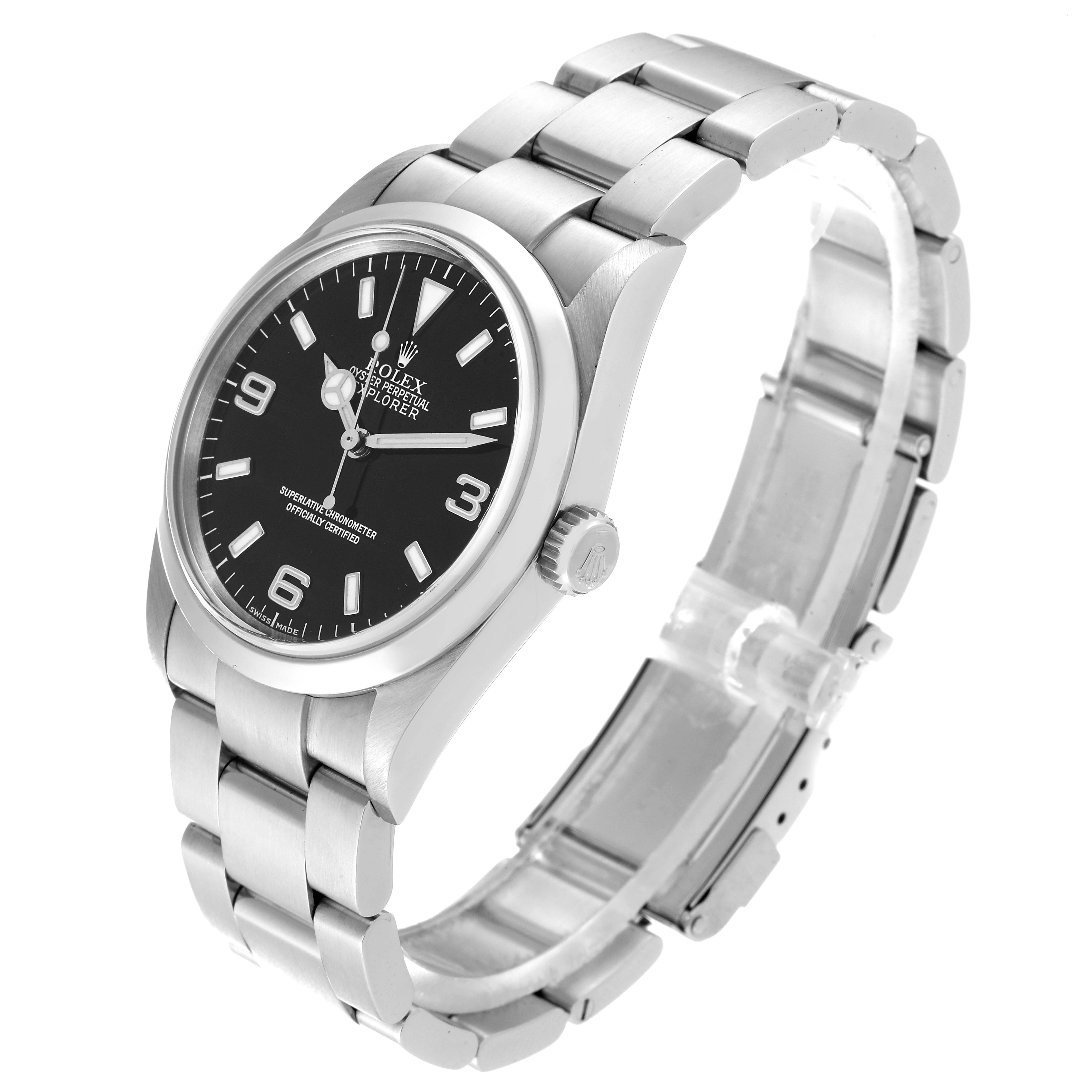 This image shows a Rolex Explorer 114270 Men
s Stainless Steel Black Dial 114270 Men
s Stainless Steel Black Dial watch at a three-quarter angle, highlighting the face, bezel, crown, and metal bracelet.